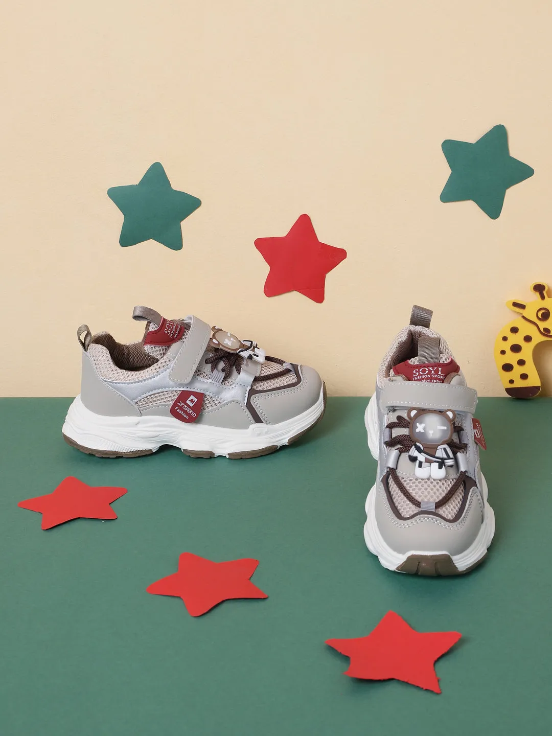 Beige Khaki PU Stylish Velcro Sneakers For Kids-Unisex (TC-RS3649-BEIGKHA)