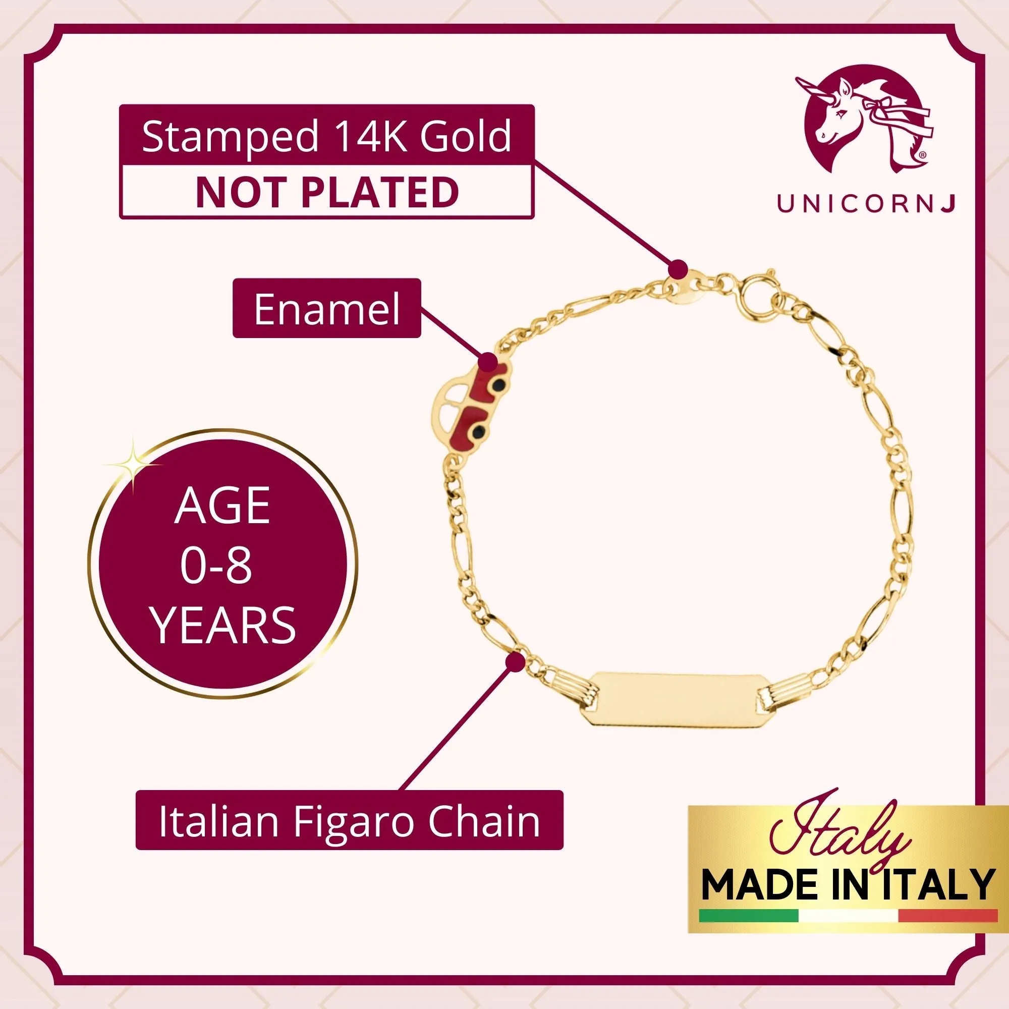 14K Yellow Gold ID Bracelet for Boys with Figaro Chain - UNICORNJ 5.5