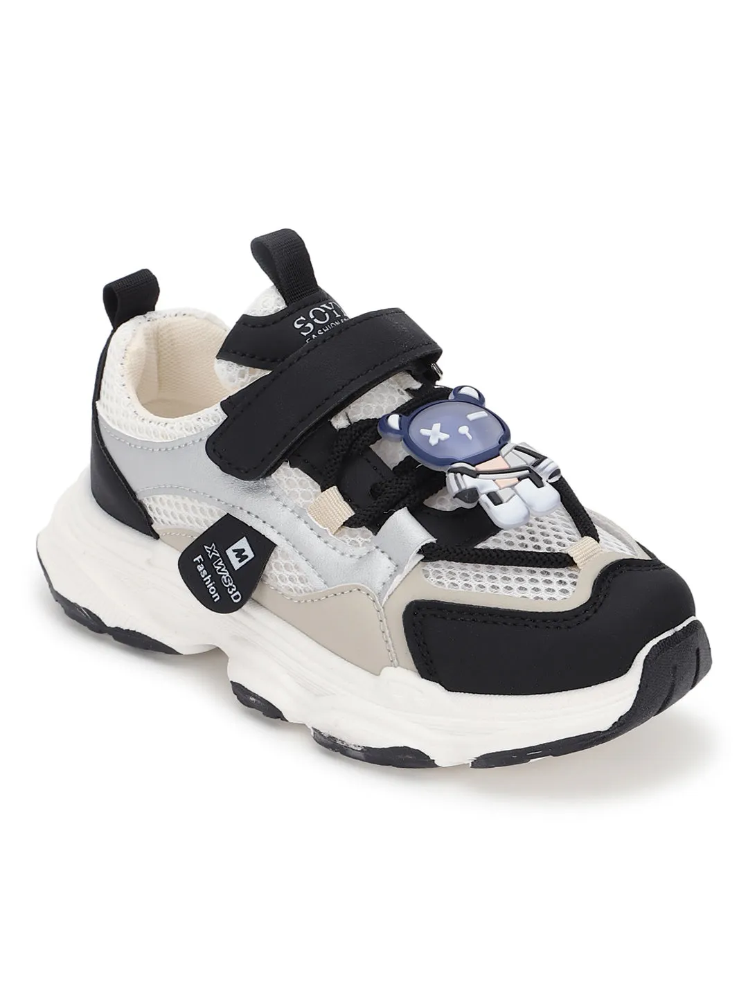 Black White PU Stylish Velcro Sneakers For Kids-Unisex (TC-RS3649-BLKWHT)