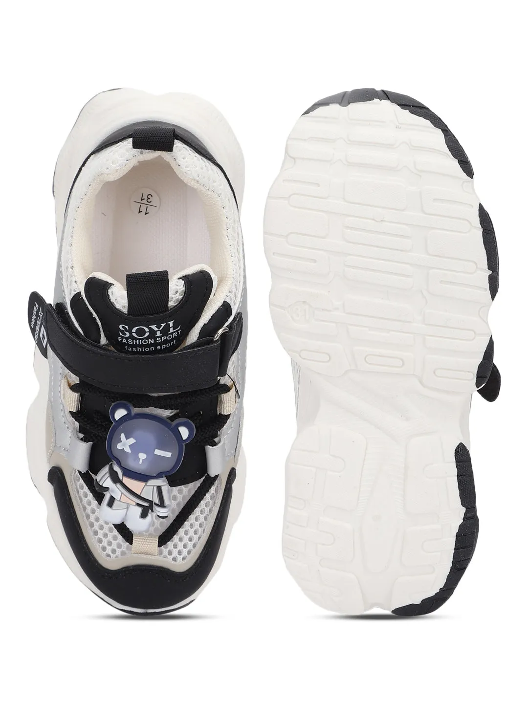 Black White PU Stylish Velcro Sneakers For Kids-Unisex (TC-RS3649-BLKWHT)