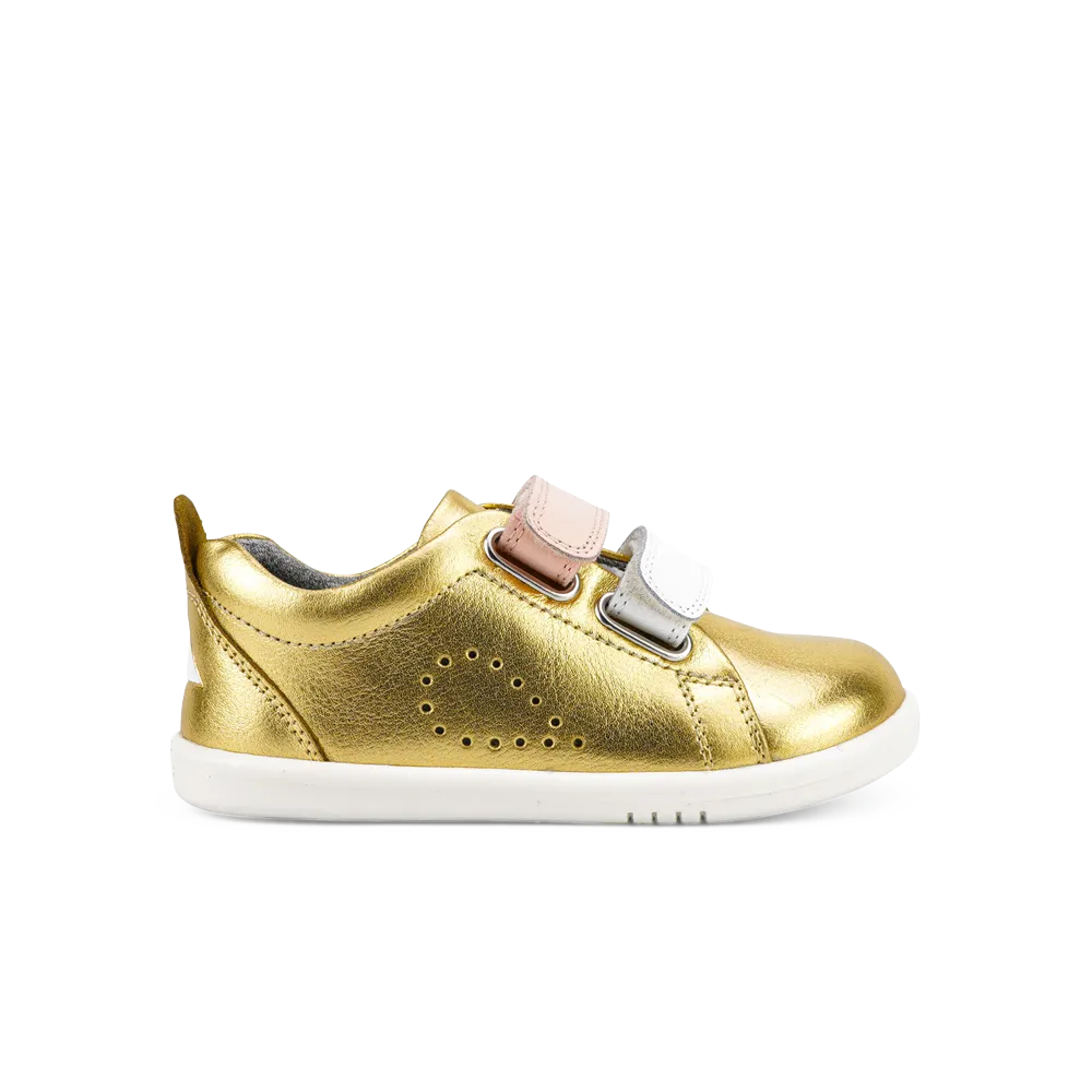 Bobux I-Walk Grass Court Gold Metallic Shoes in White and Seashell