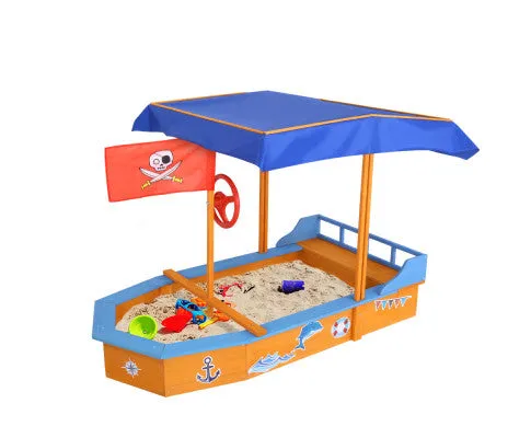 Keezi Kids Sandpit Wooden Boat Sand Pit with Canopy Bench Seat Beach Toys 150cm