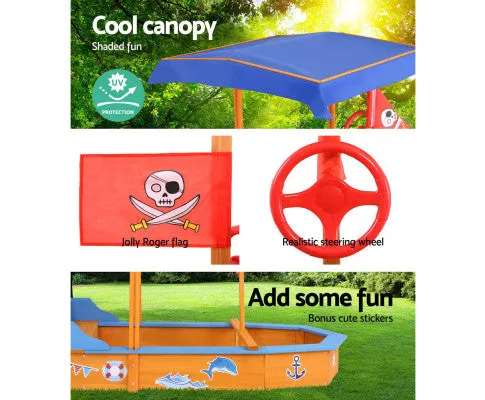 Keezi Kids Sandpit Wooden Boat Sand Pit with Canopy Bench Seat Beach Toys 150cm