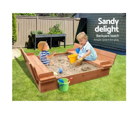 Keezi Kids Sandpit Wooden Sandbox Sand Pit Foldable Seat Outdoor Beach Toys 90cm