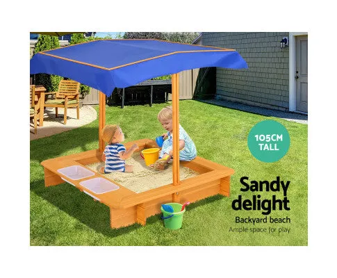 Keezi Kids Sandpit Wooden Sandbox Sand Pit with Canopy Water Basin Toys 103cm