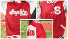 Kids and Adults Personalised Red & White Varsity Jacket Name Initial Date Established