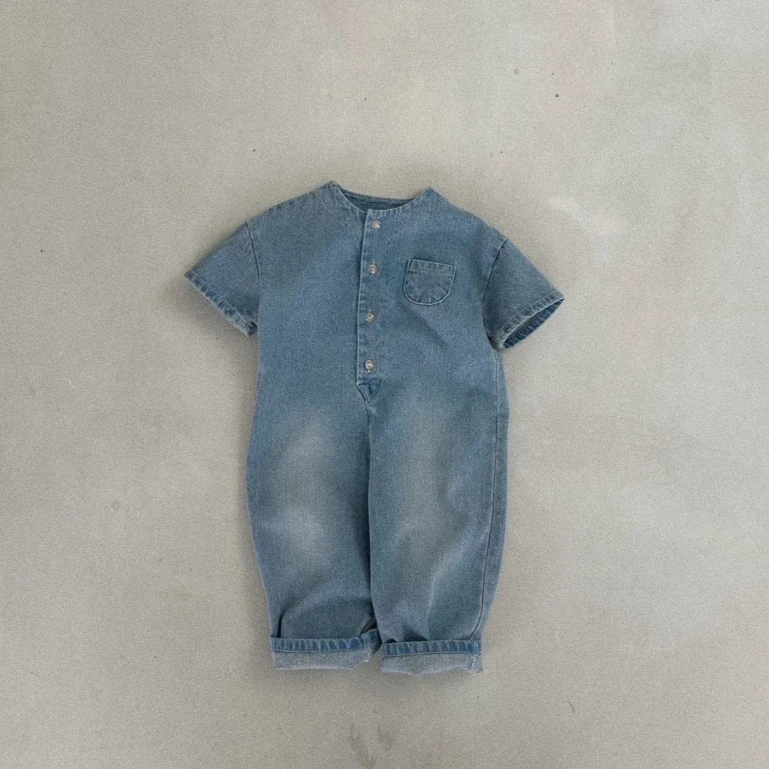 Kids Bella Front Button Short Sleeve Denim Jumpsuit (2-7y) - Denim