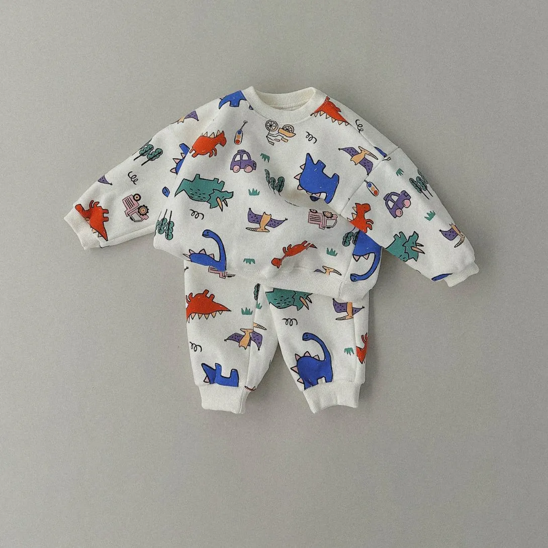 Kids Brushed Cotton Dino Sweatshirt & Jogger Pants Set (1-6y) - 2Colors