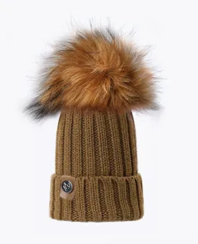 KIDS FAUX POM POM HAT - MOCHA