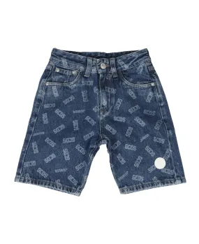 Kids GCDS Allover Logo Printed Denim Shorts