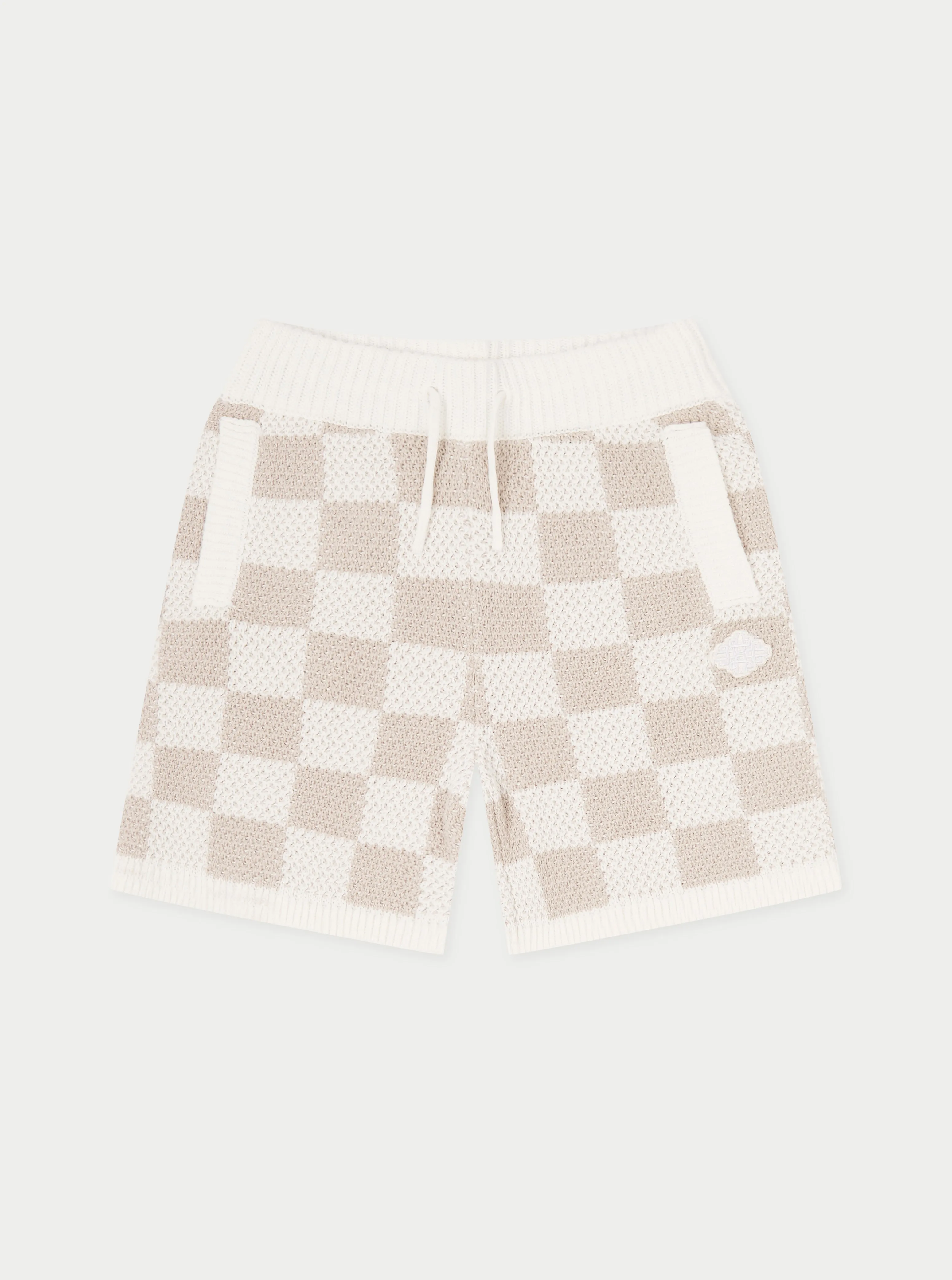 KIDS KNITTED CHECKERBOARD SHORTS - OFF WHITE