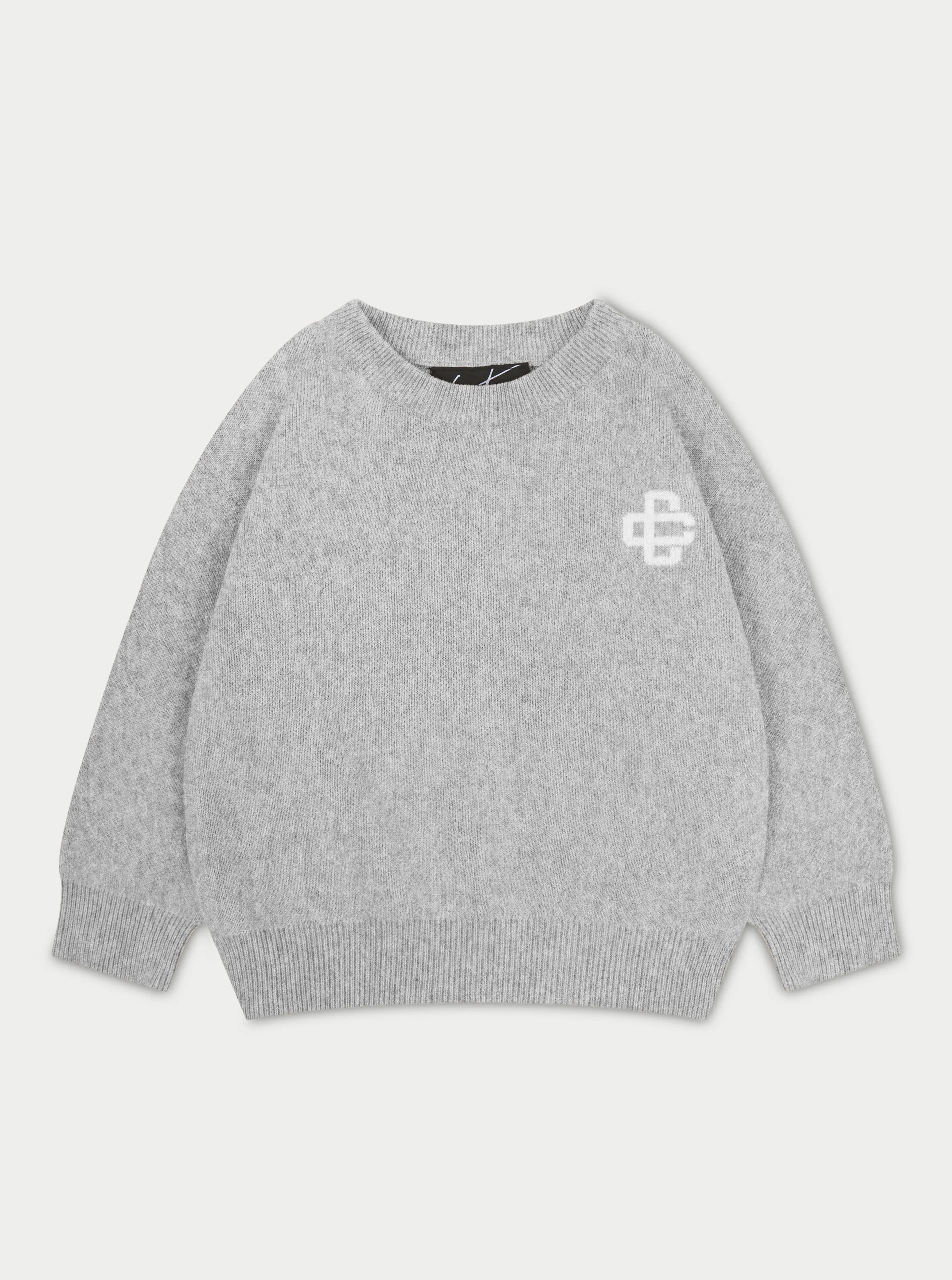 KIDS KNITTED EMBLEM CREW - GREY MARL