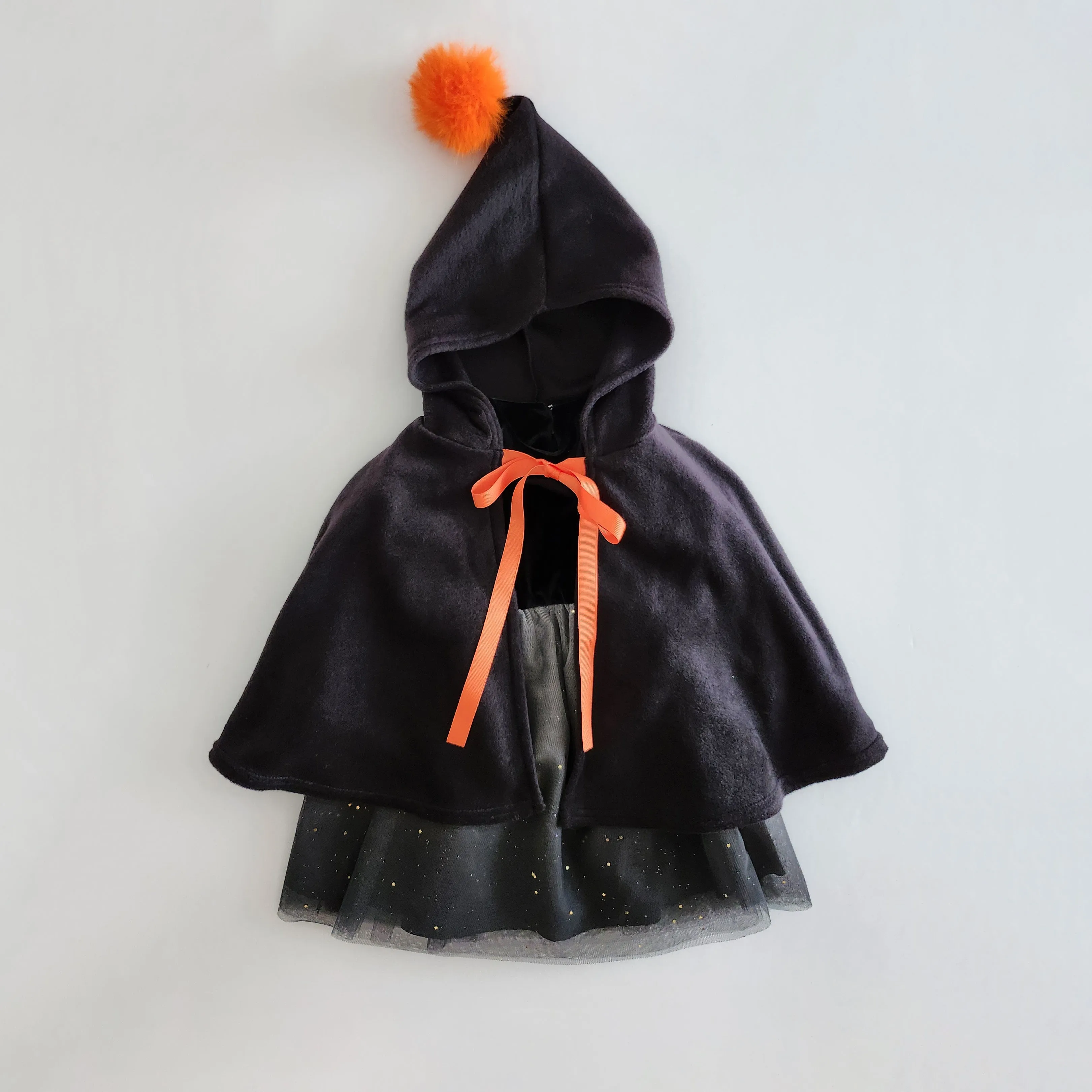 Kids Orange Pompom Cone Cape (0-8y) - Black