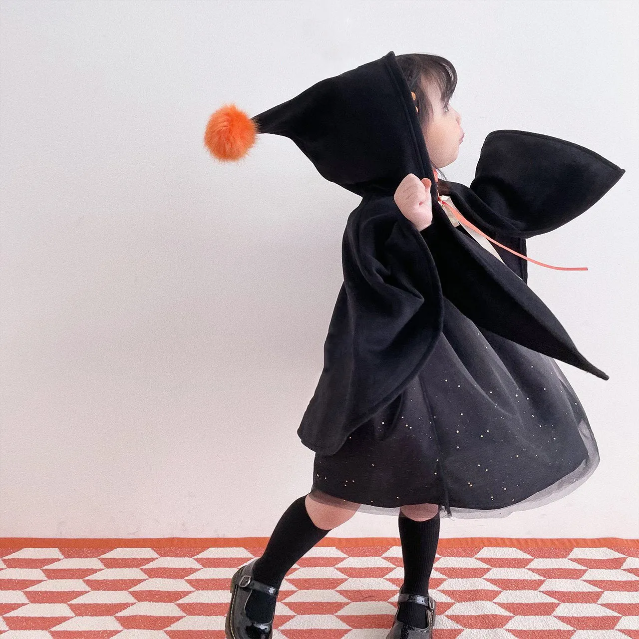 Kids Orange Pompom Cone Cape (0-8y) - Black