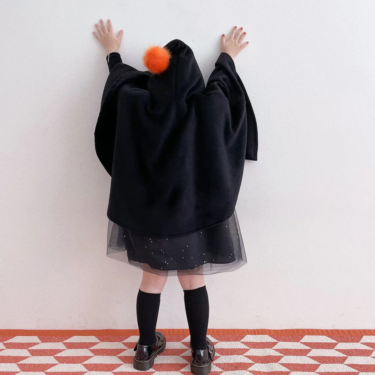 Kids Orange Pompom Cone Cape (0-8y) - Black