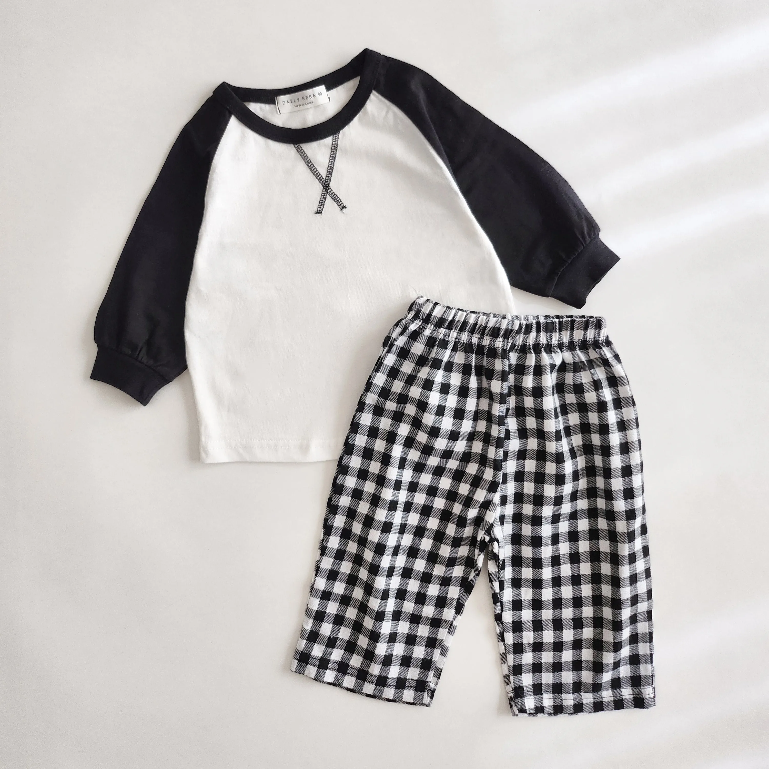 Kids Raglan Top and Gingham Pants Set (1-6y) - Black