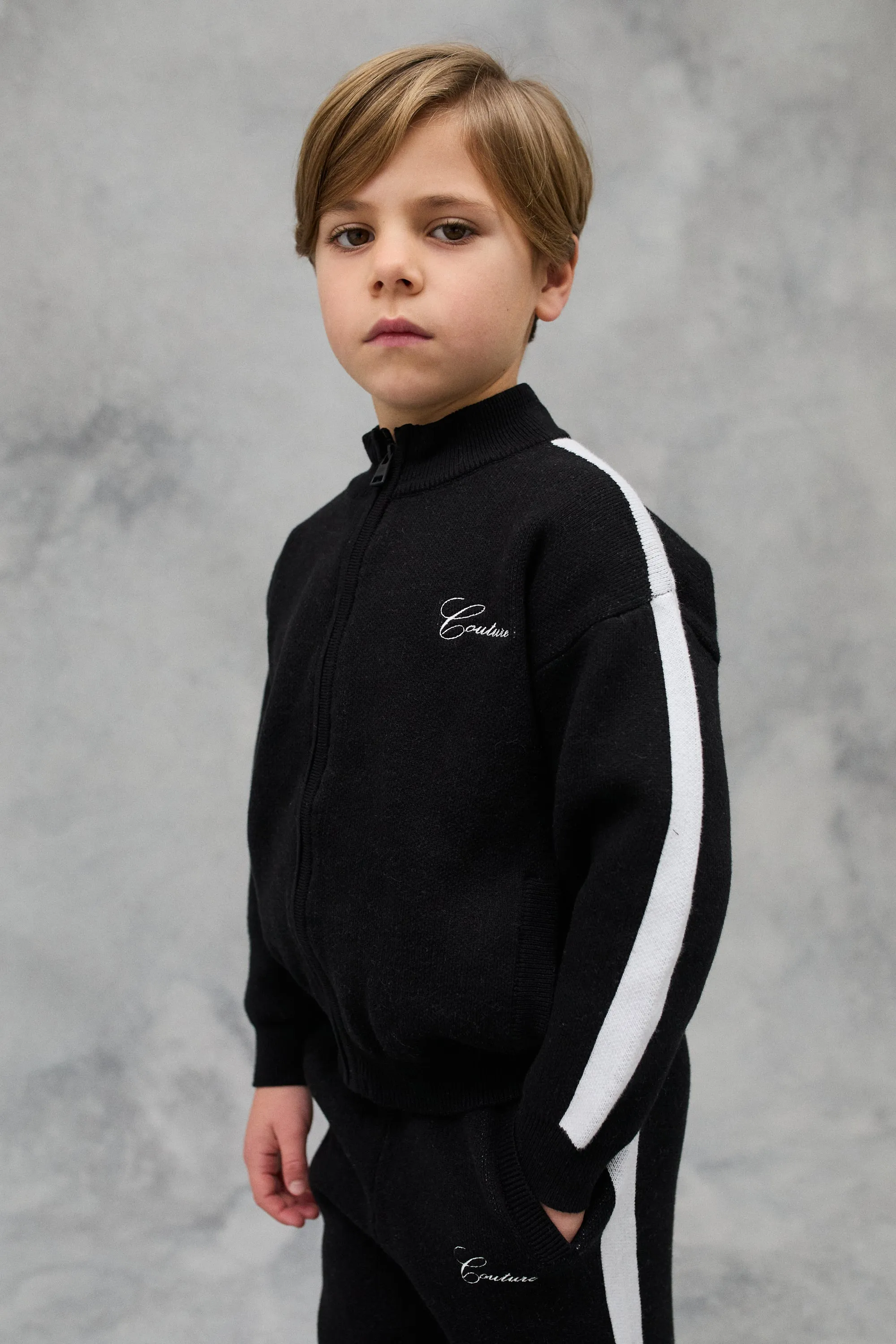 KIDS SIDE STRIPE KNITTED ZIP THROUGH - BLACK