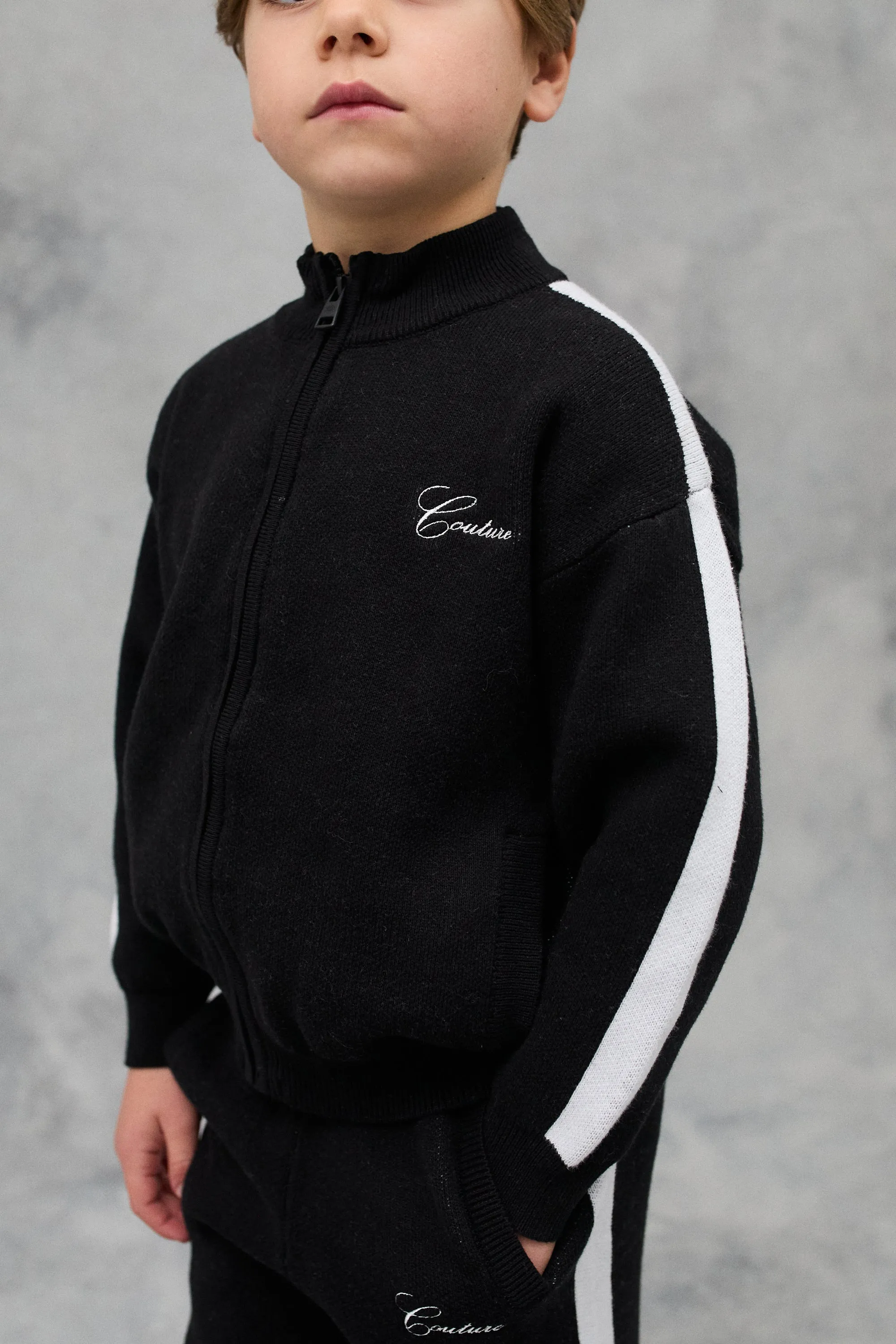 KIDS SIDE STRIPE KNITTED ZIP THROUGH - BLACK