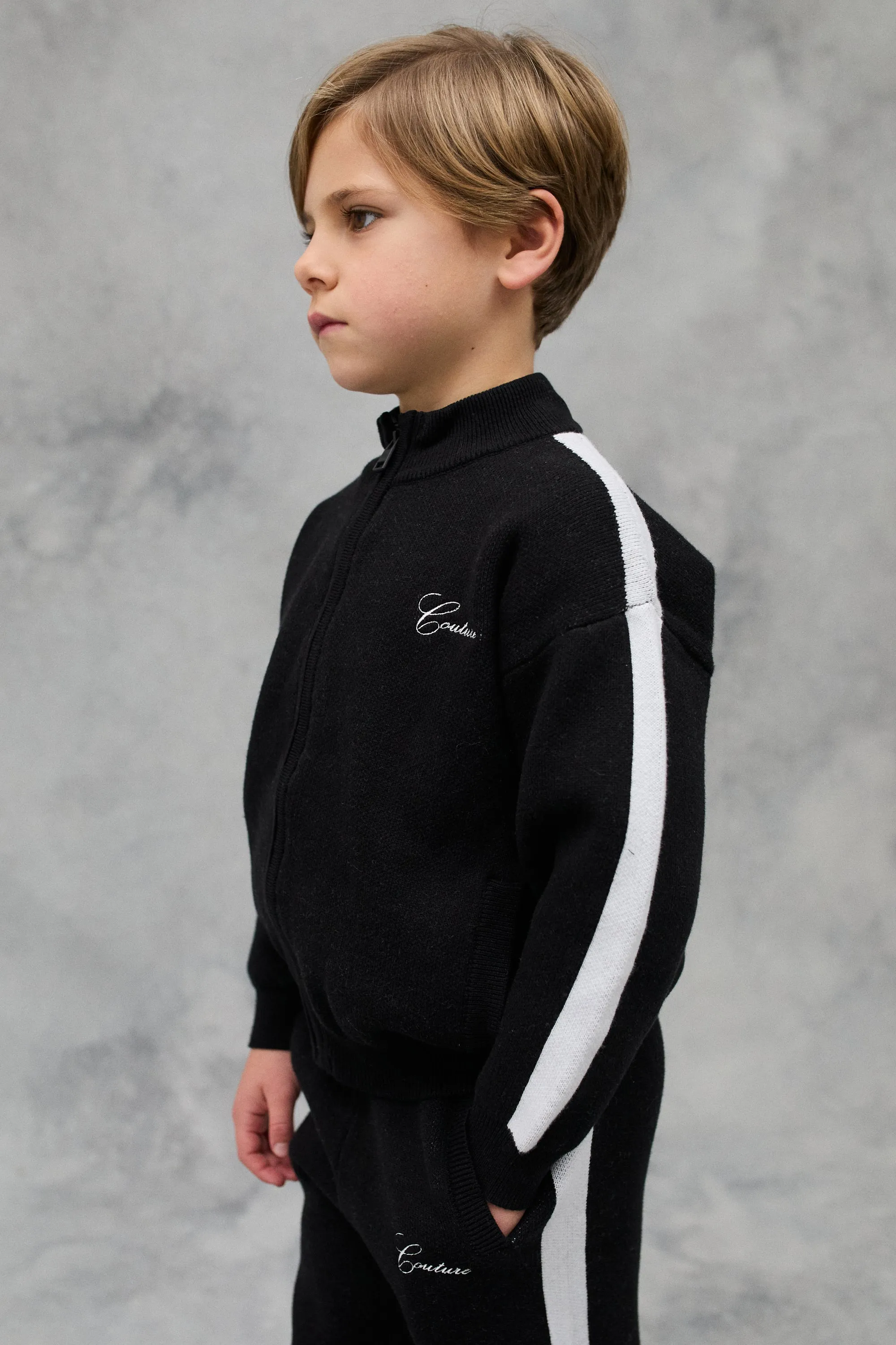 KIDS SIDE STRIPE KNITTED ZIP THROUGH - BLACK