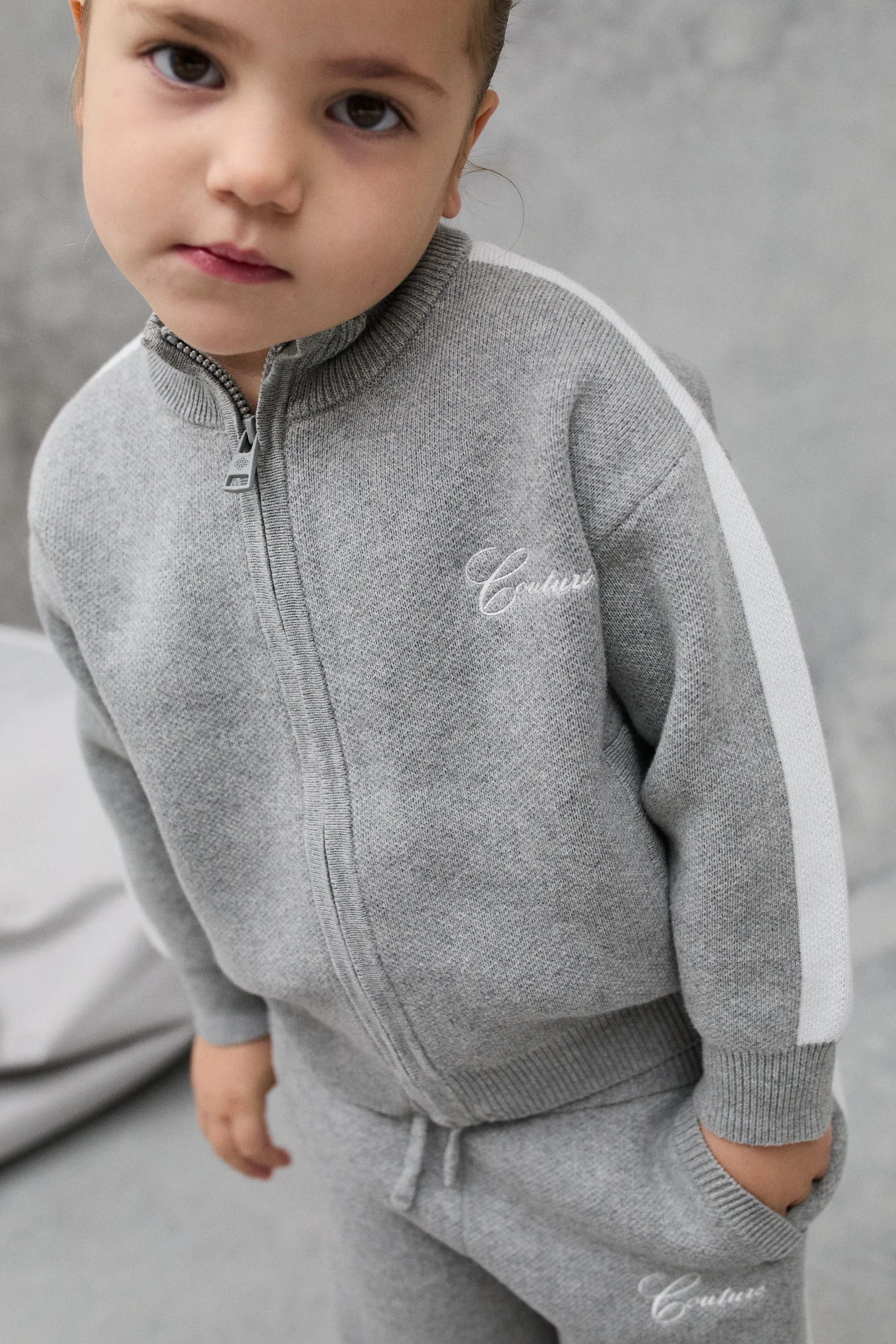 KIDS SIDE STRIPE KNITTED ZIP THROUGH - GREY MARL