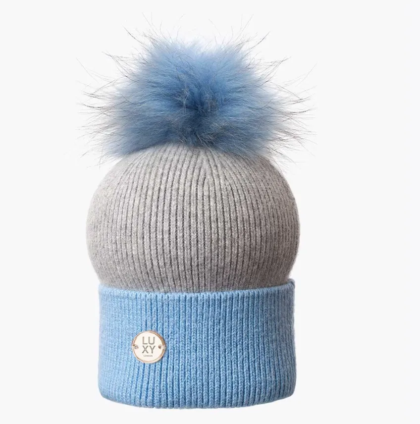 Kids Sophie Pom Pom Hat - Blue & Grey