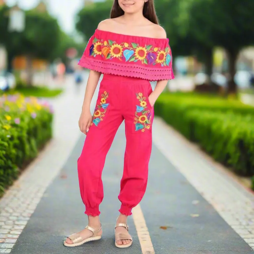 Palazzo Bordado de Niña KS-79420-2 Fuchsia - Embroidered Jumper for kids