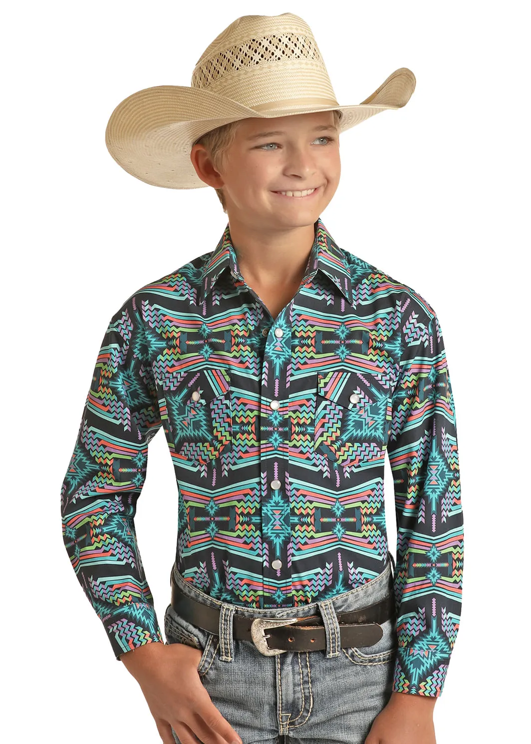 Youth Panhandle Slim Turquoise Aztec Long Sleeve Top