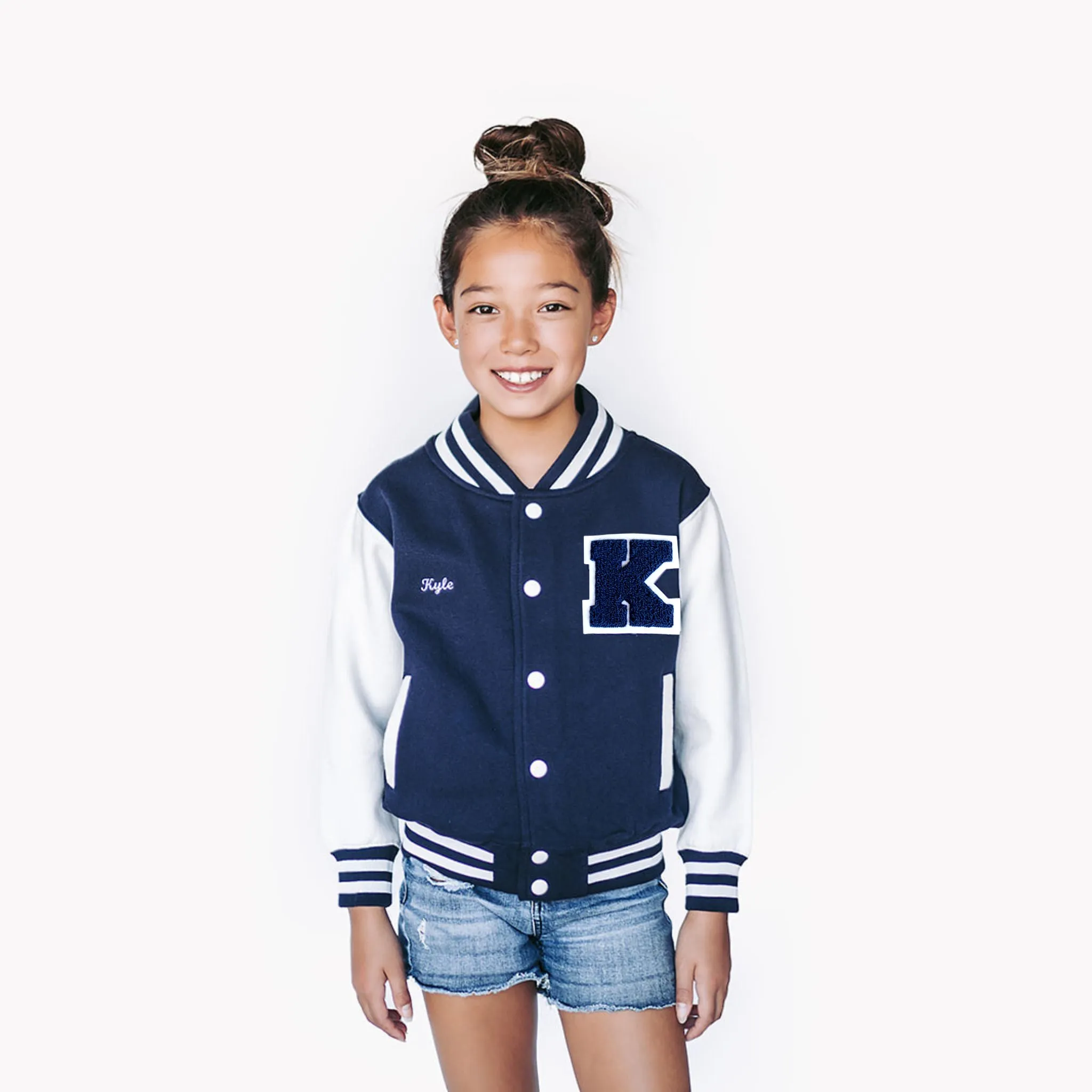 Personalized Kids Sweatshirt Varsity Jacket NAVY/WHITE