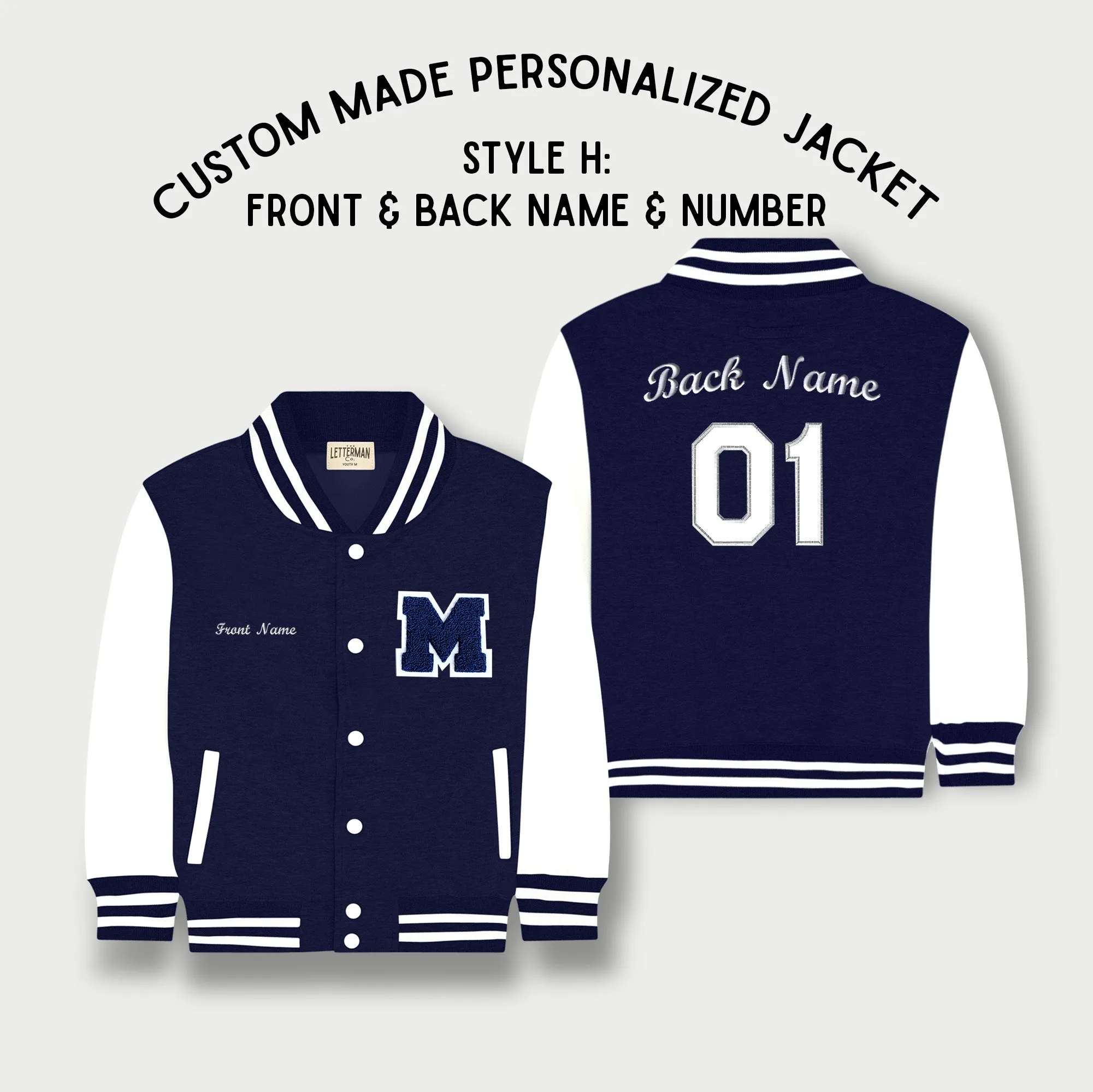 Personalized Kids Sweatshirt Varsity Jacket NAVY/WHITE