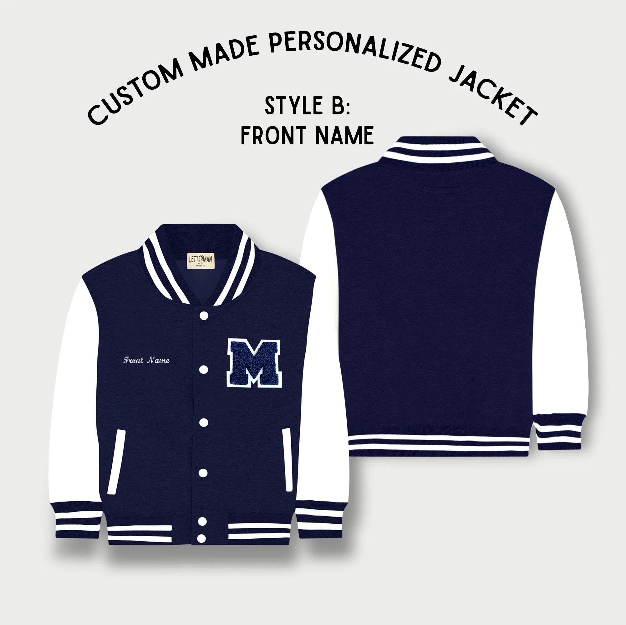 Personalized Kids Sweatshirt Varsity Jacket NAVY/WHITE