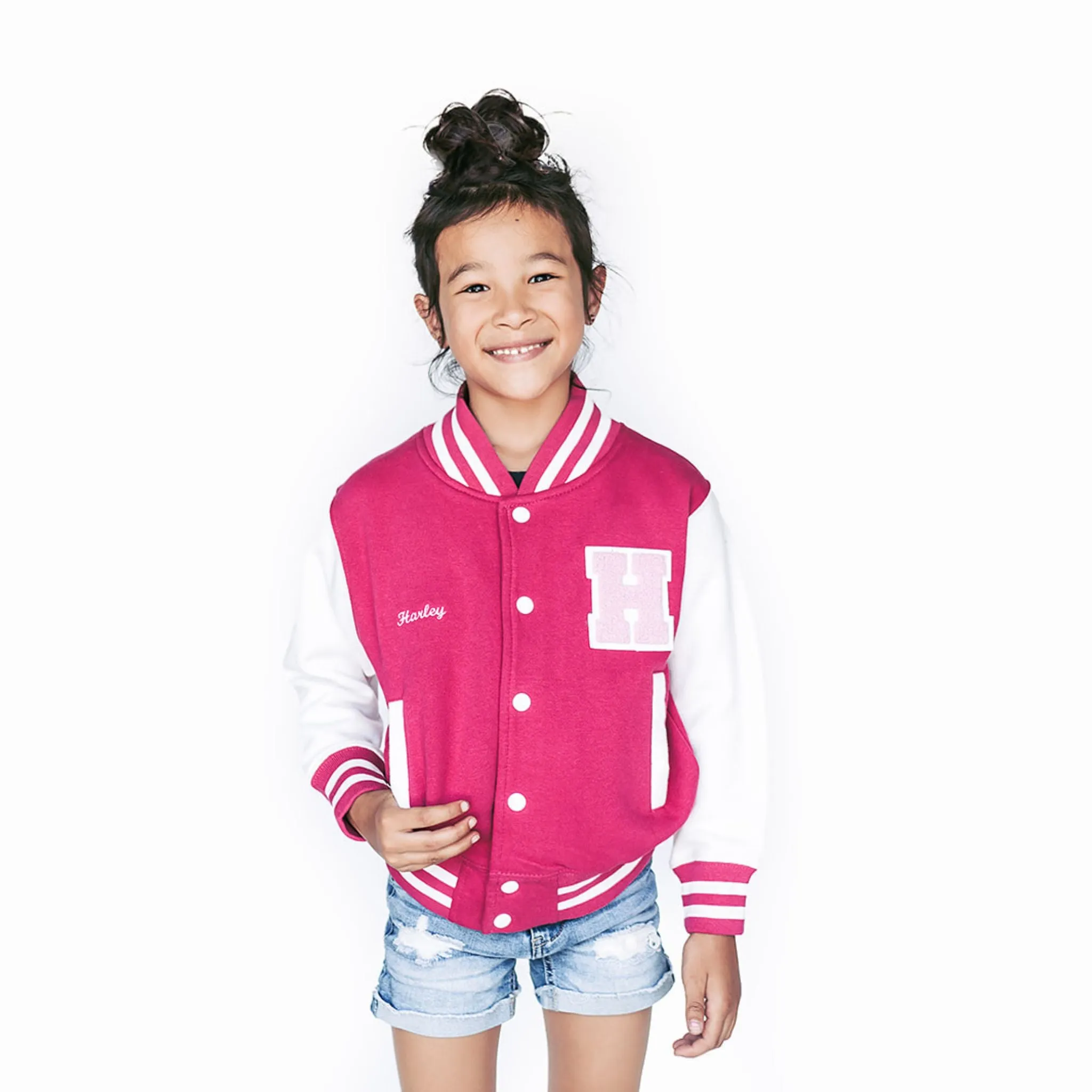 Personalized Kids Sweatshirt Varsity Jacket PINK/WHITE