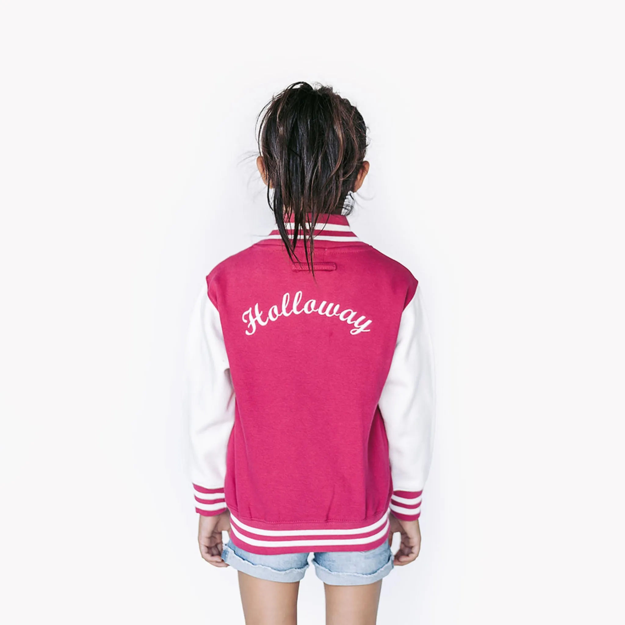 Personalized Kids Sweatshirt Varsity Jacket PINK/WHITE