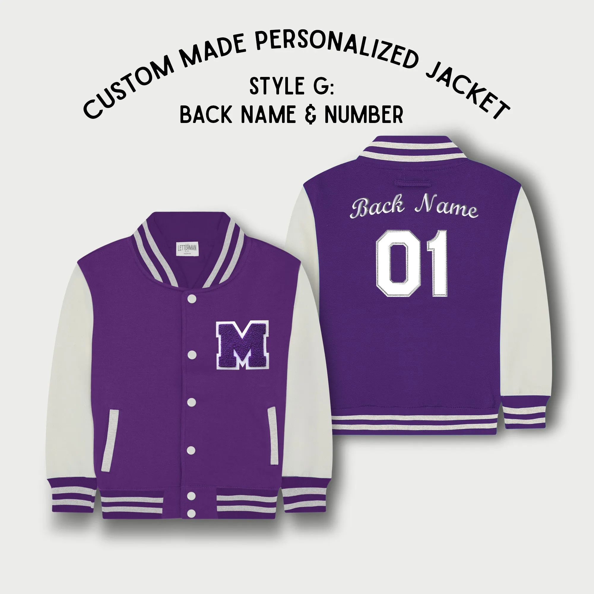 Personalized Kids Sweatshirt Varsity Jacket PURPLE/WHITE