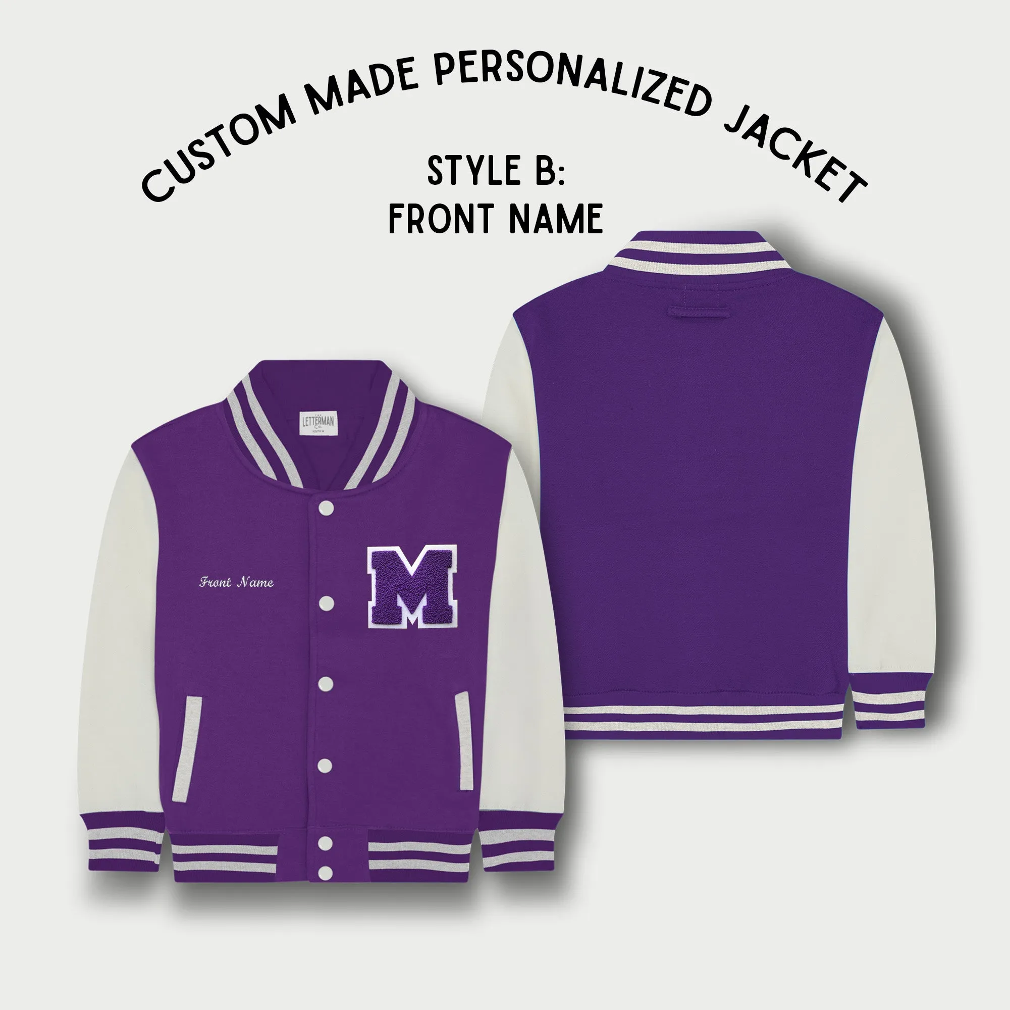 Personalized Kids Sweatshirt Varsity Jacket PURPLE/WHITE