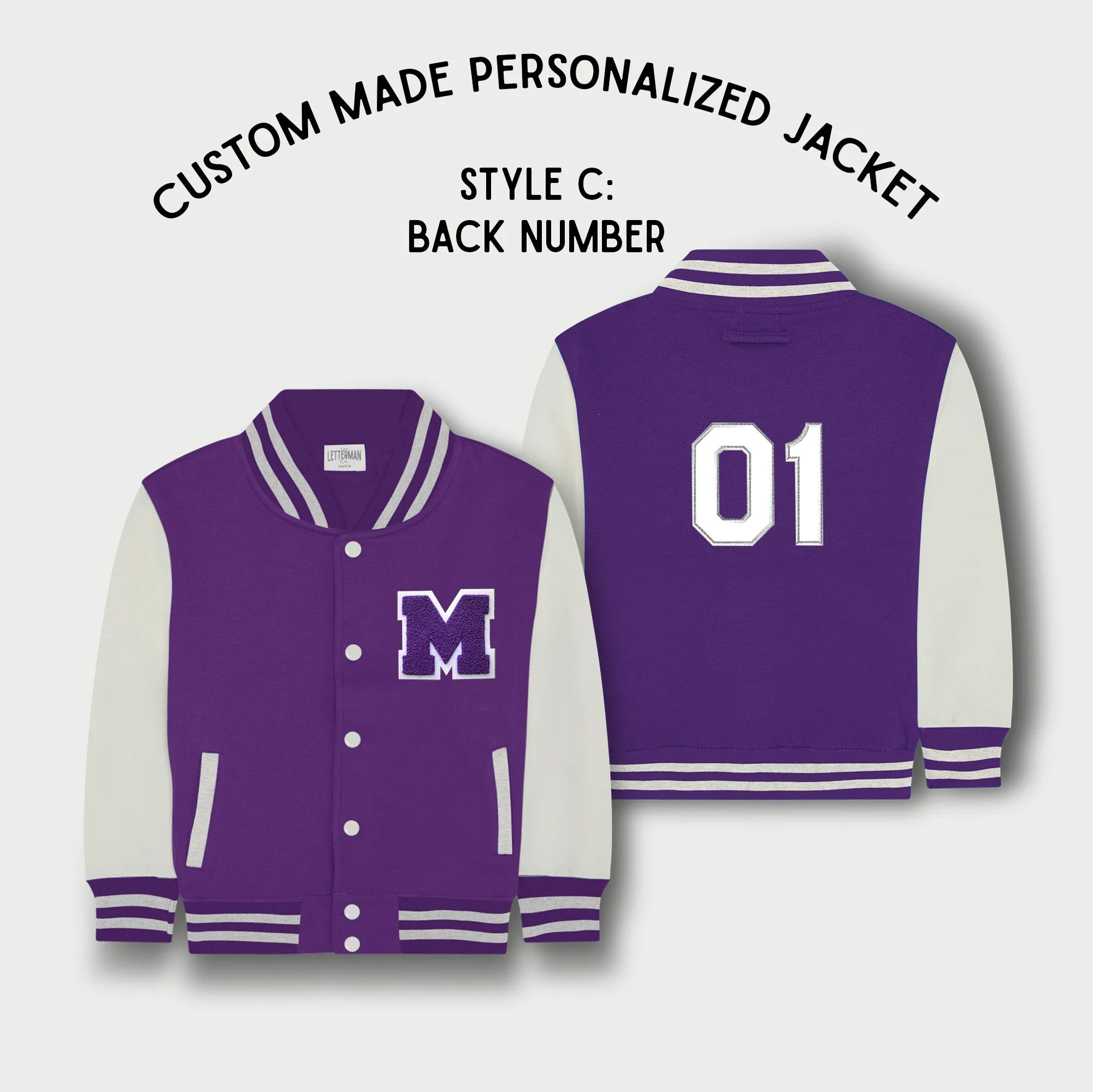 Personalized Kids Sweatshirt Varsity Jacket PURPLE/WHITE