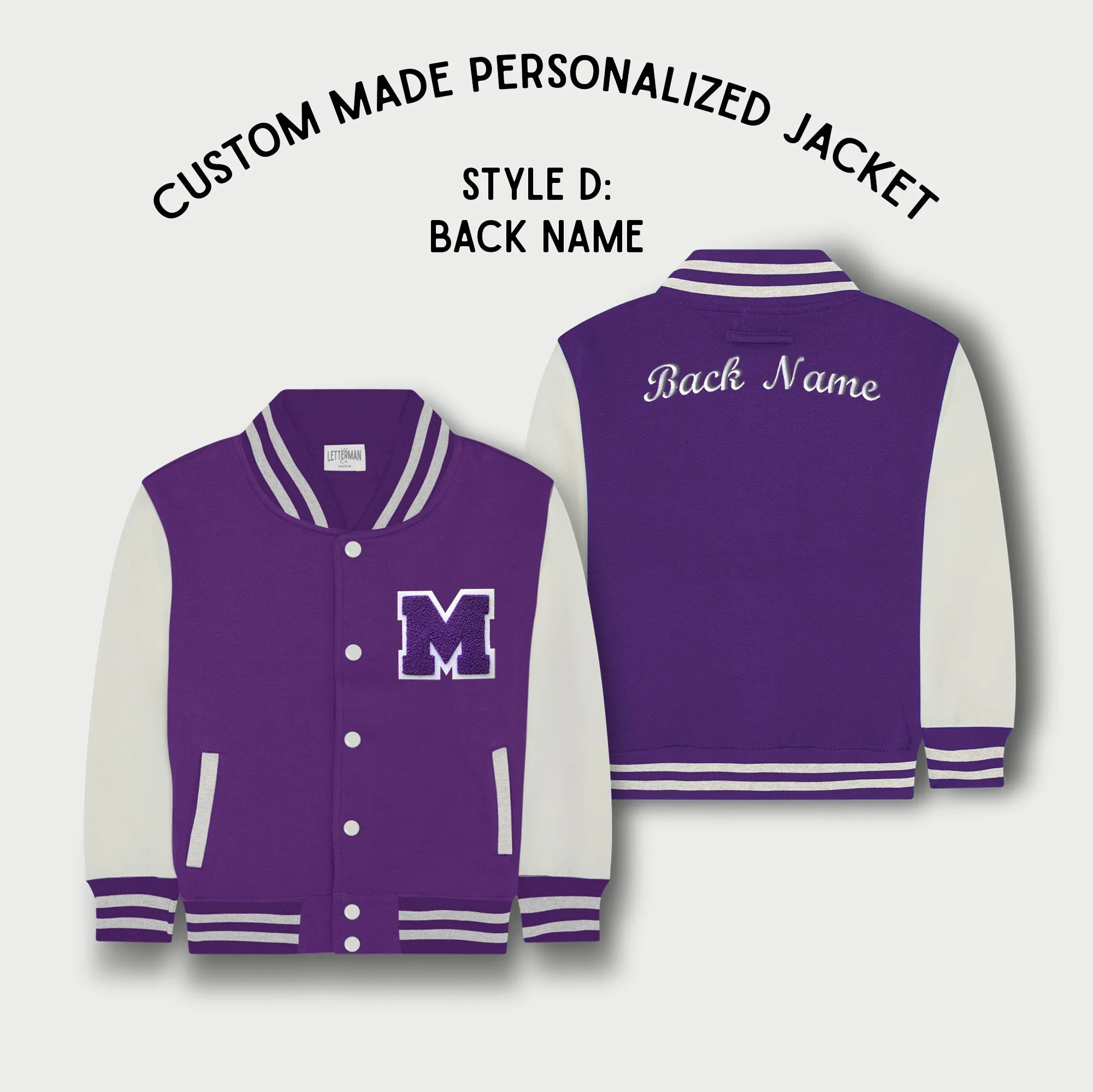 Personalized Kids Sweatshirt Varsity Jacket PURPLE/WHITE