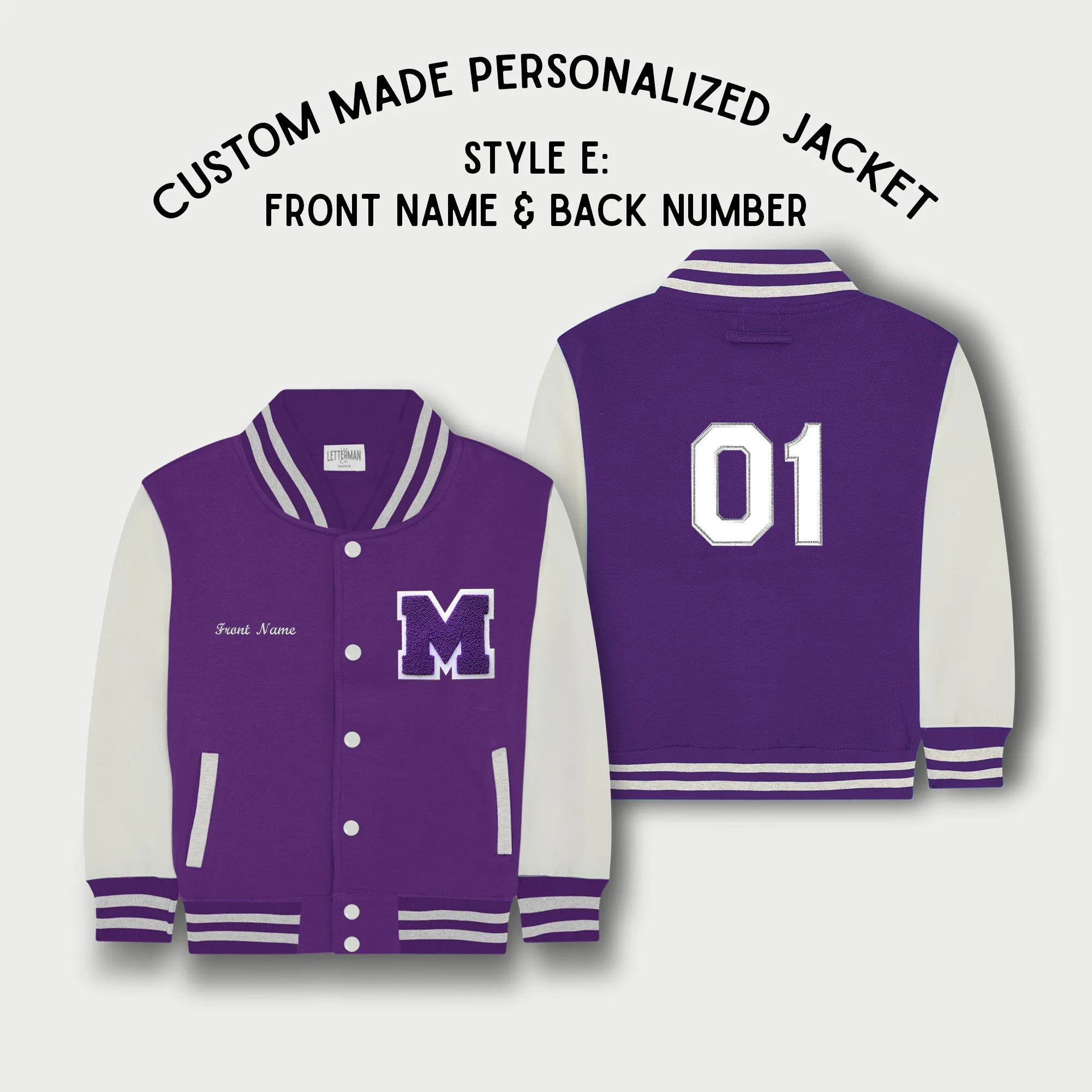 Personalized Kids Sweatshirt Varsity Jacket PURPLE/WHITE