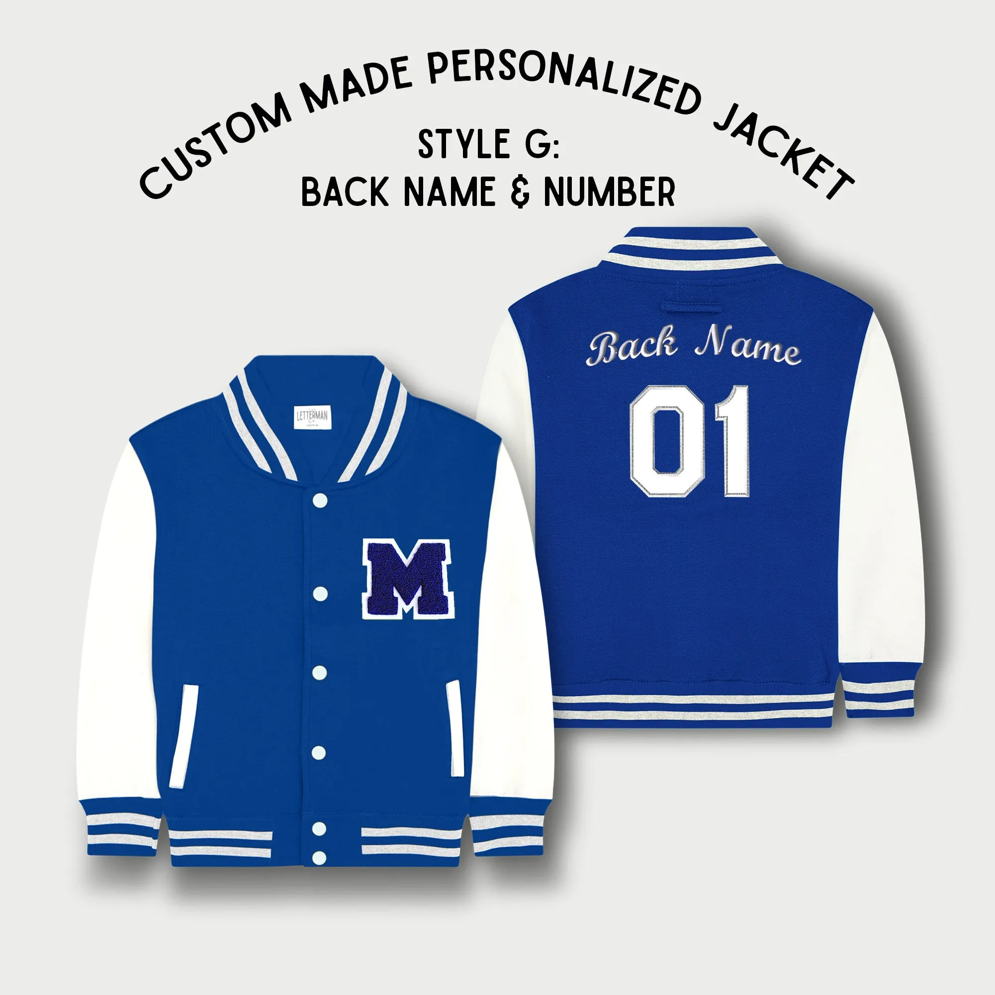 Personalized Kids Sweatshirt Varsity Jacket ROYAL BLUE/WHITE