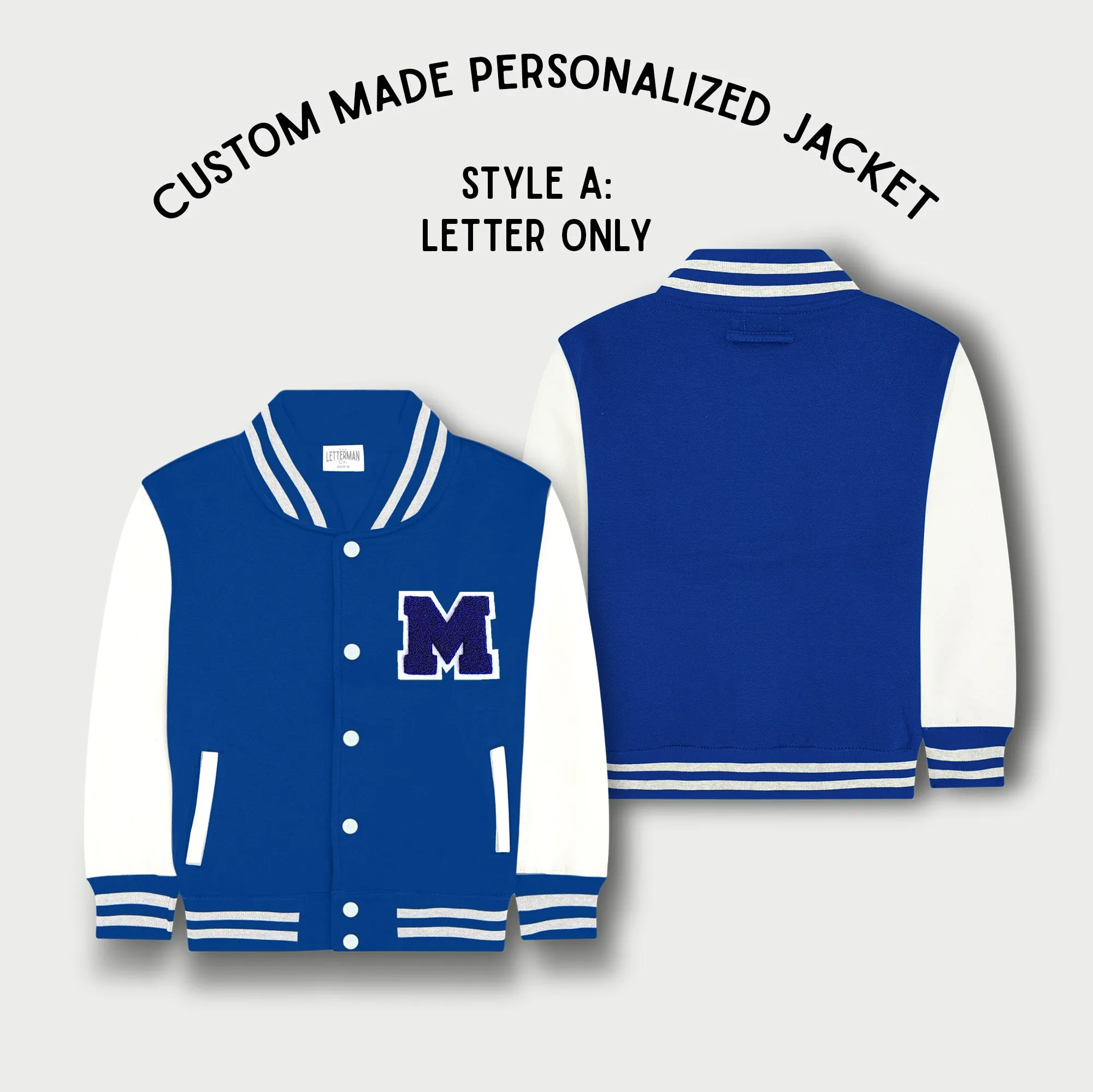 Personalized Kids Sweatshirt Varsity Jacket ROYAL BLUE/WHITE