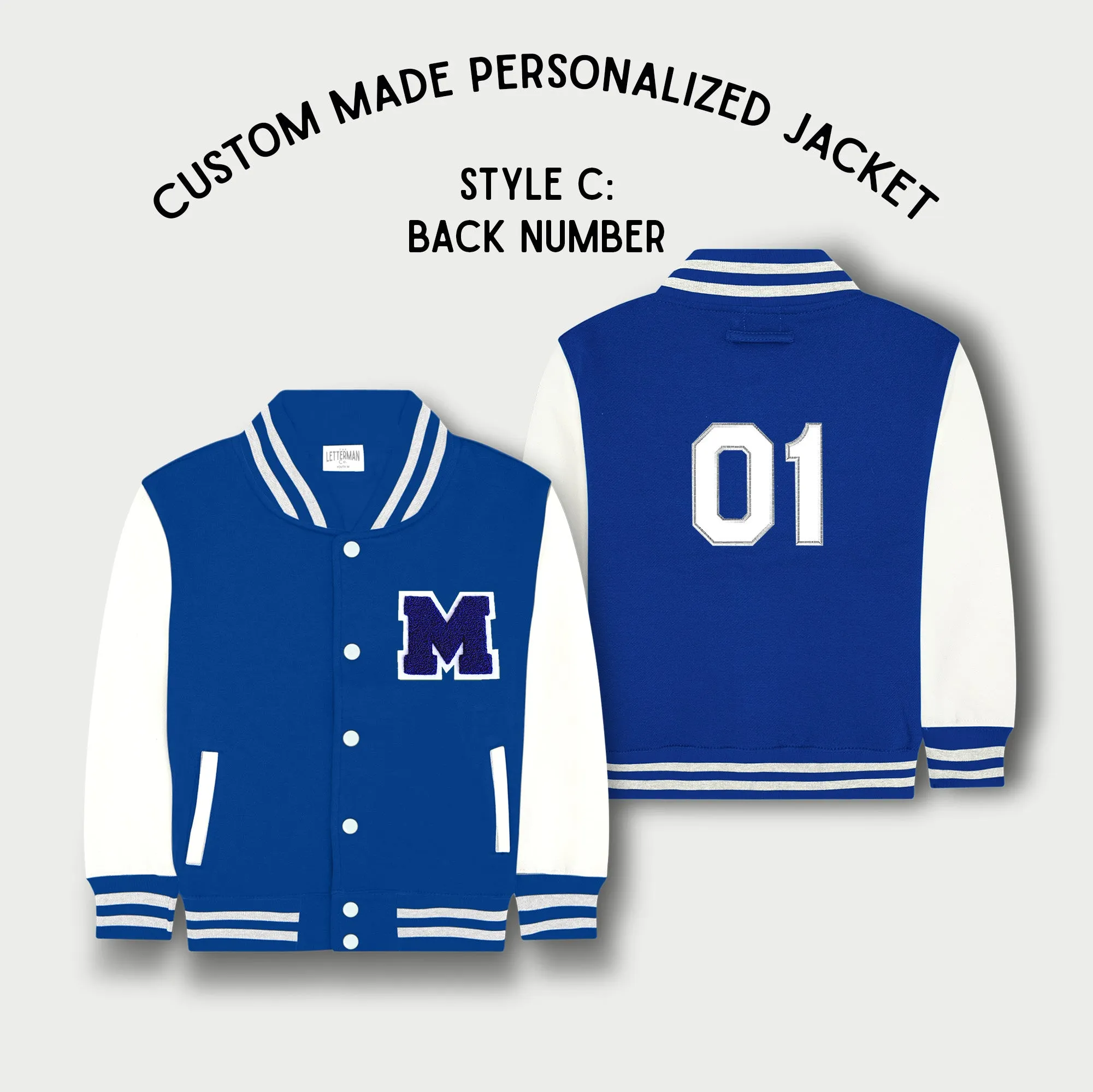 Personalized Kids Sweatshirt Varsity Jacket ROYAL BLUE/WHITE