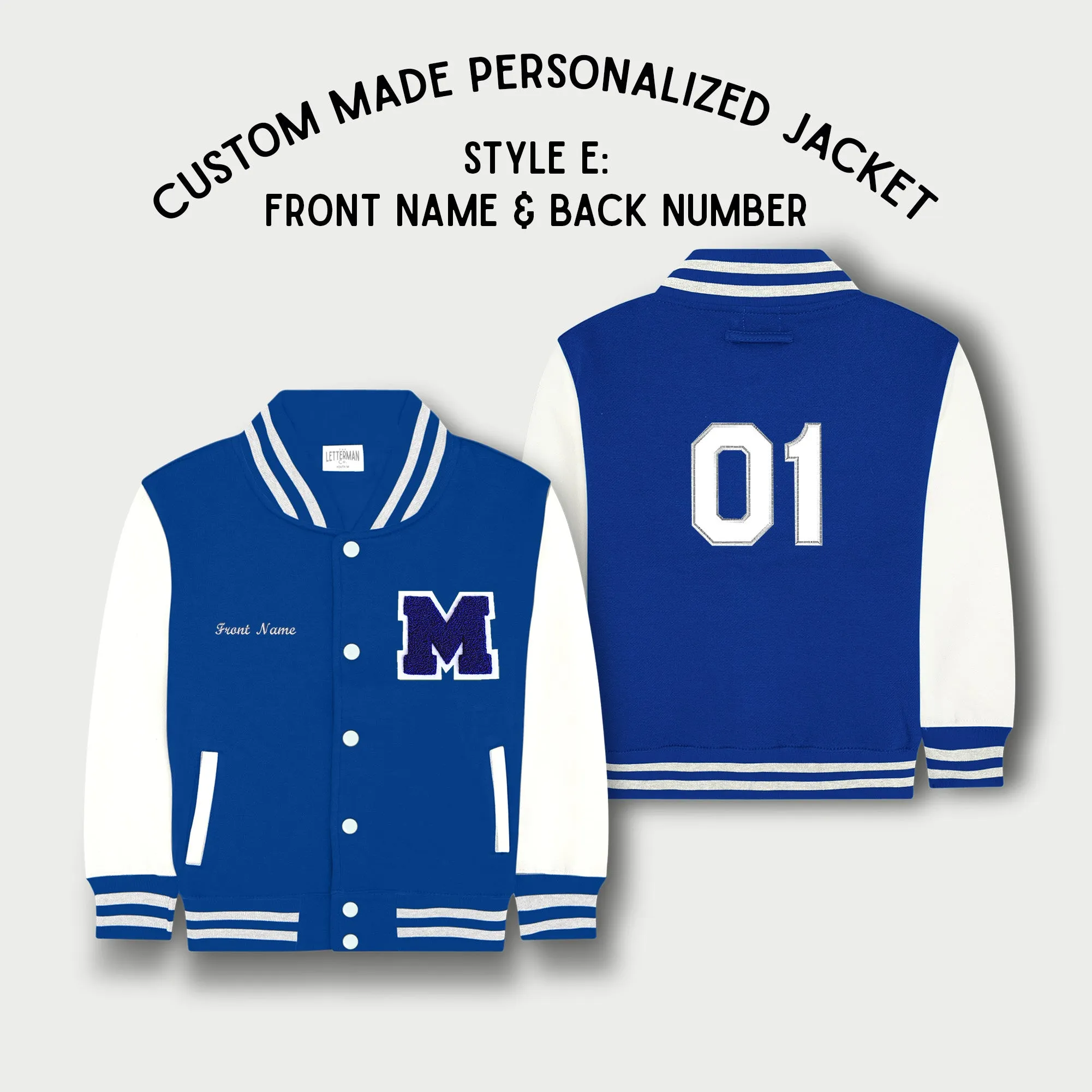 Personalized Kids Sweatshirt Varsity Jacket ROYAL BLUE/WHITE