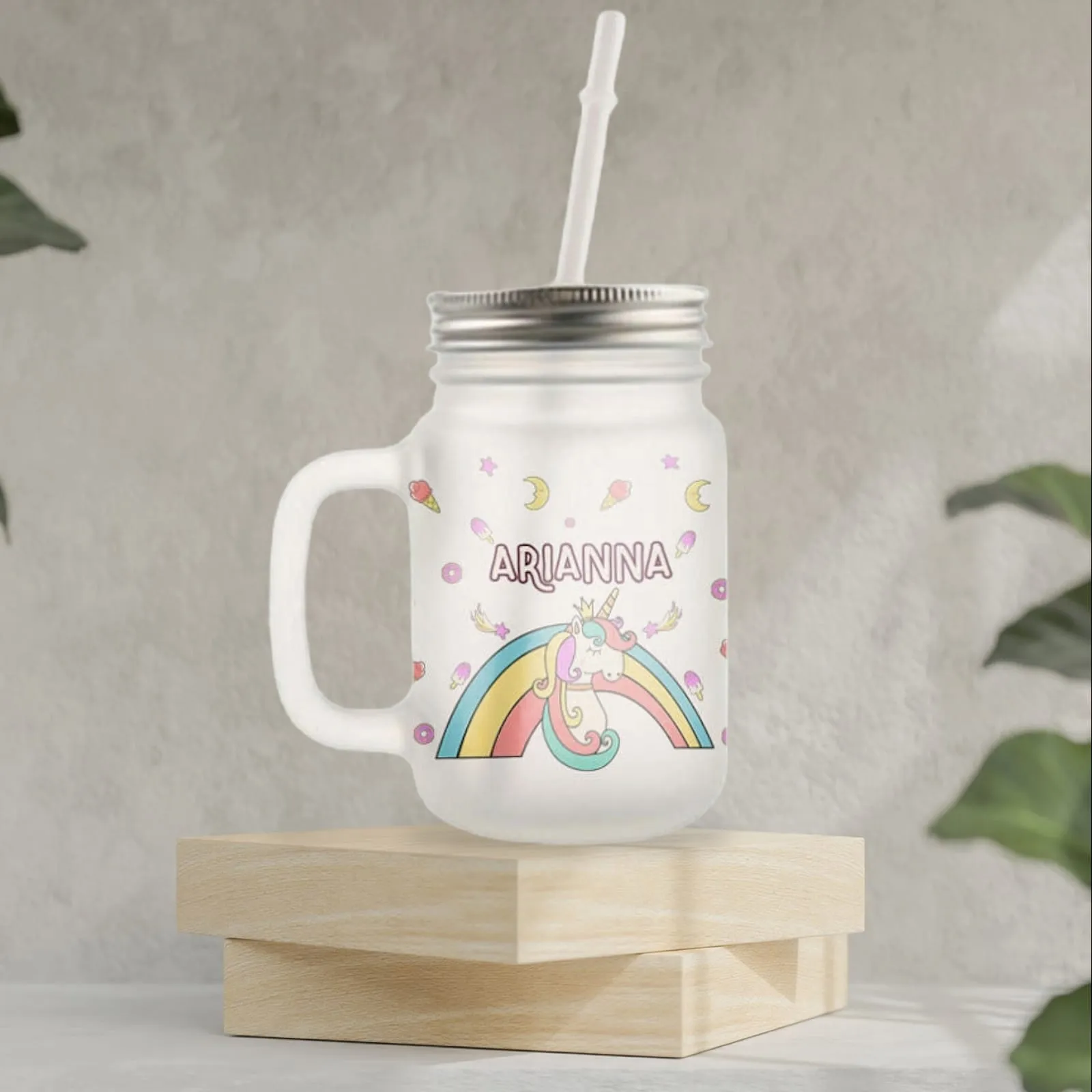 Personalized Mason Jar Glass With Lid And Straw For Kids - Unicorn World