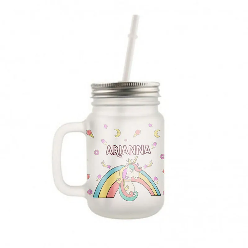 Personalized Mason Jar Glass With Lid And Straw For Kids - Unicorn World