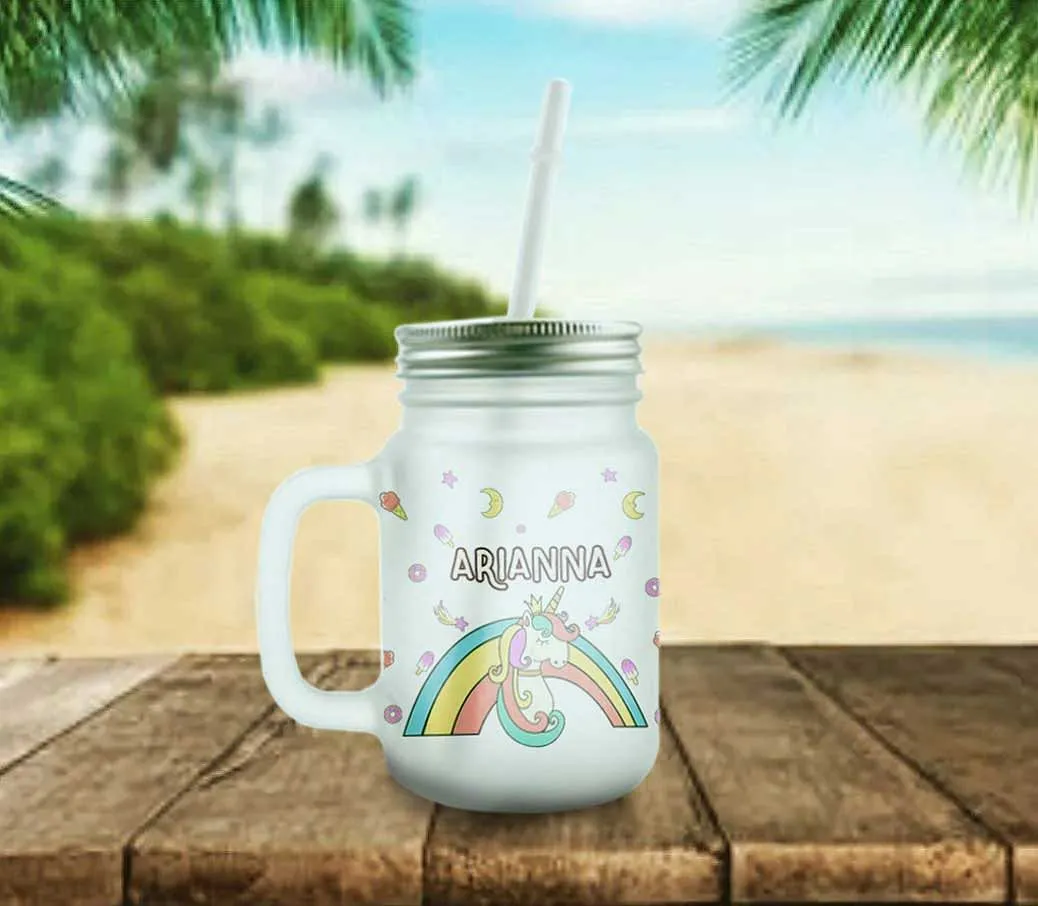 Personalized Mason Jar Glass With Lid And Straw For Kids - Unicorn World