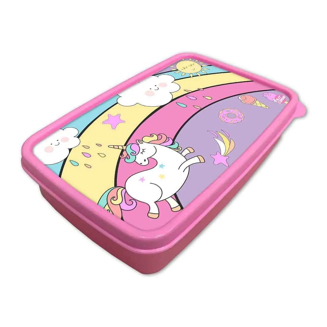 Plastic Lunch Box Snacks for School Kids Girls Tiffin - Unicorn and Rainbow