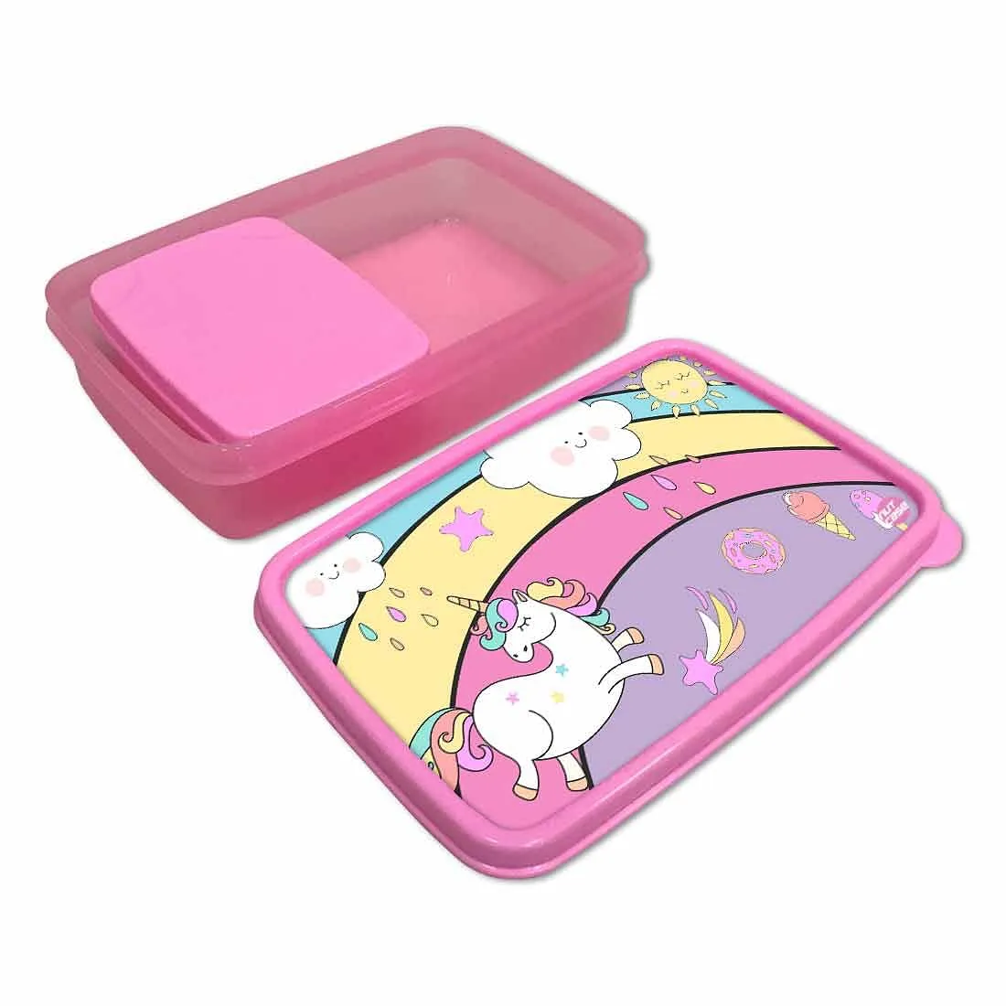 Plastic Lunch Box Snacks for School Kids Girls Tiffin - Unicorn and Rainbow