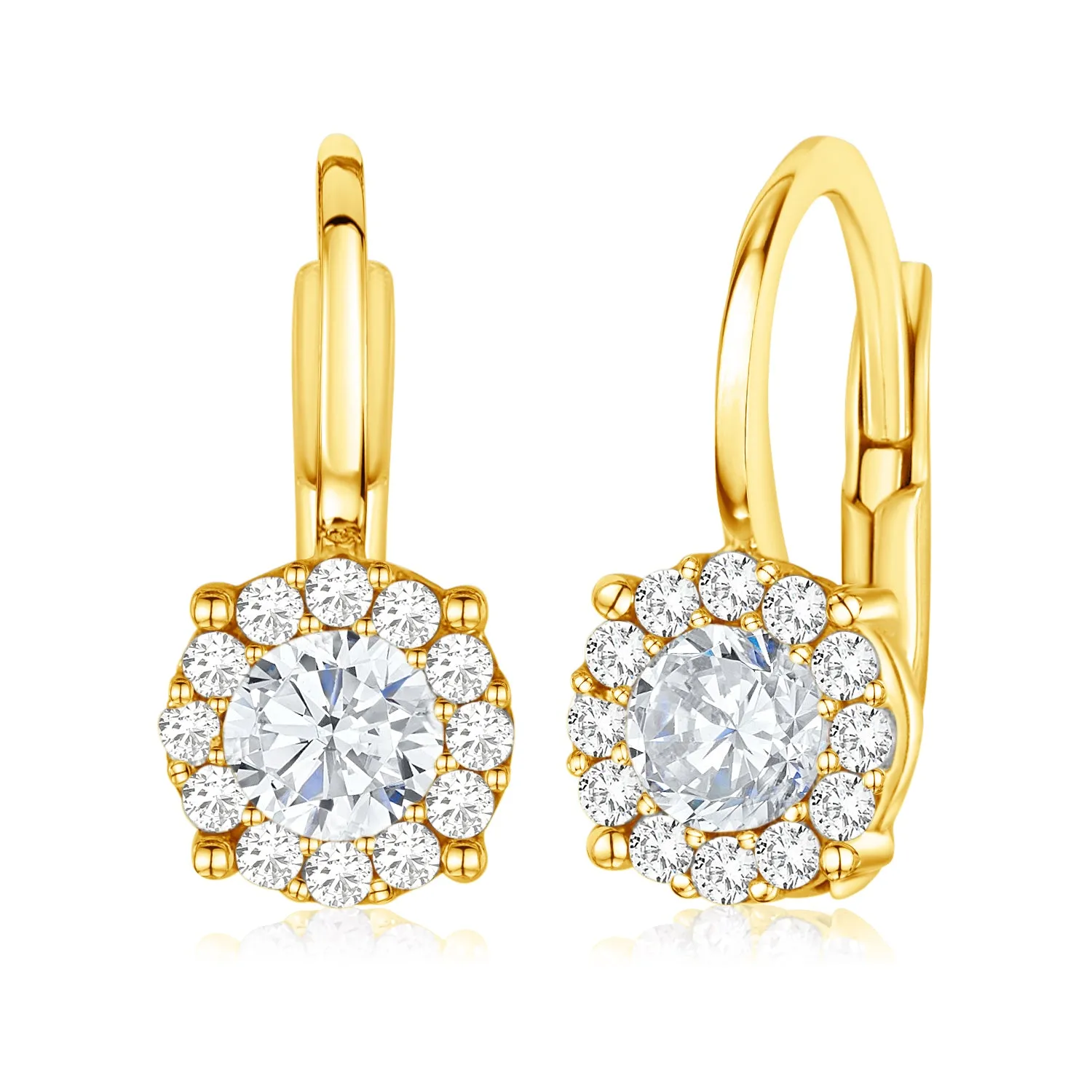 Halo Leverback Earrings in 14K Yellow and White Gold with Simulated Gemstone