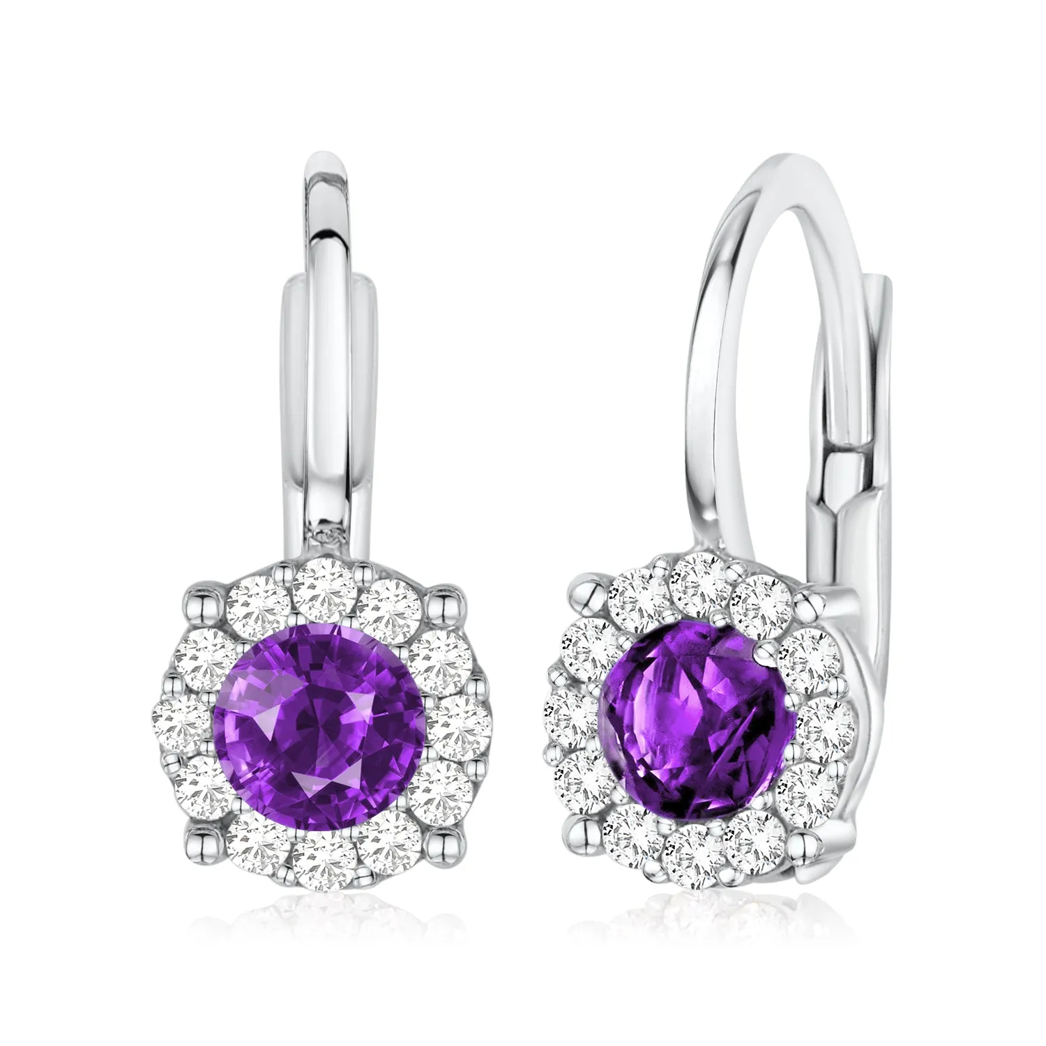 Halo Leverback Earrings in 14K Yellow and White Gold with Simulated Gemstone