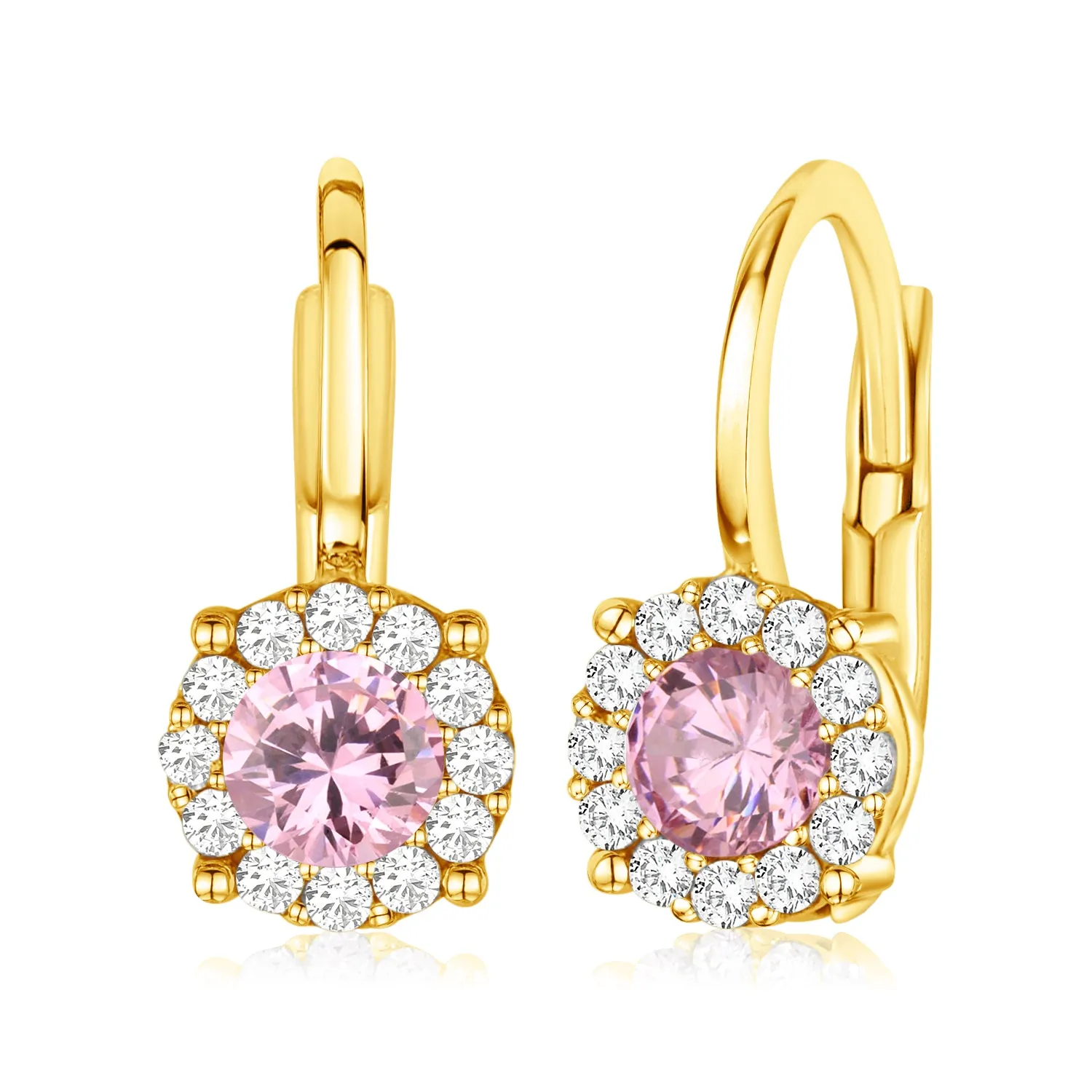 Halo Leverback Earrings in 14K Yellow and White Gold with Simulated Gemstone