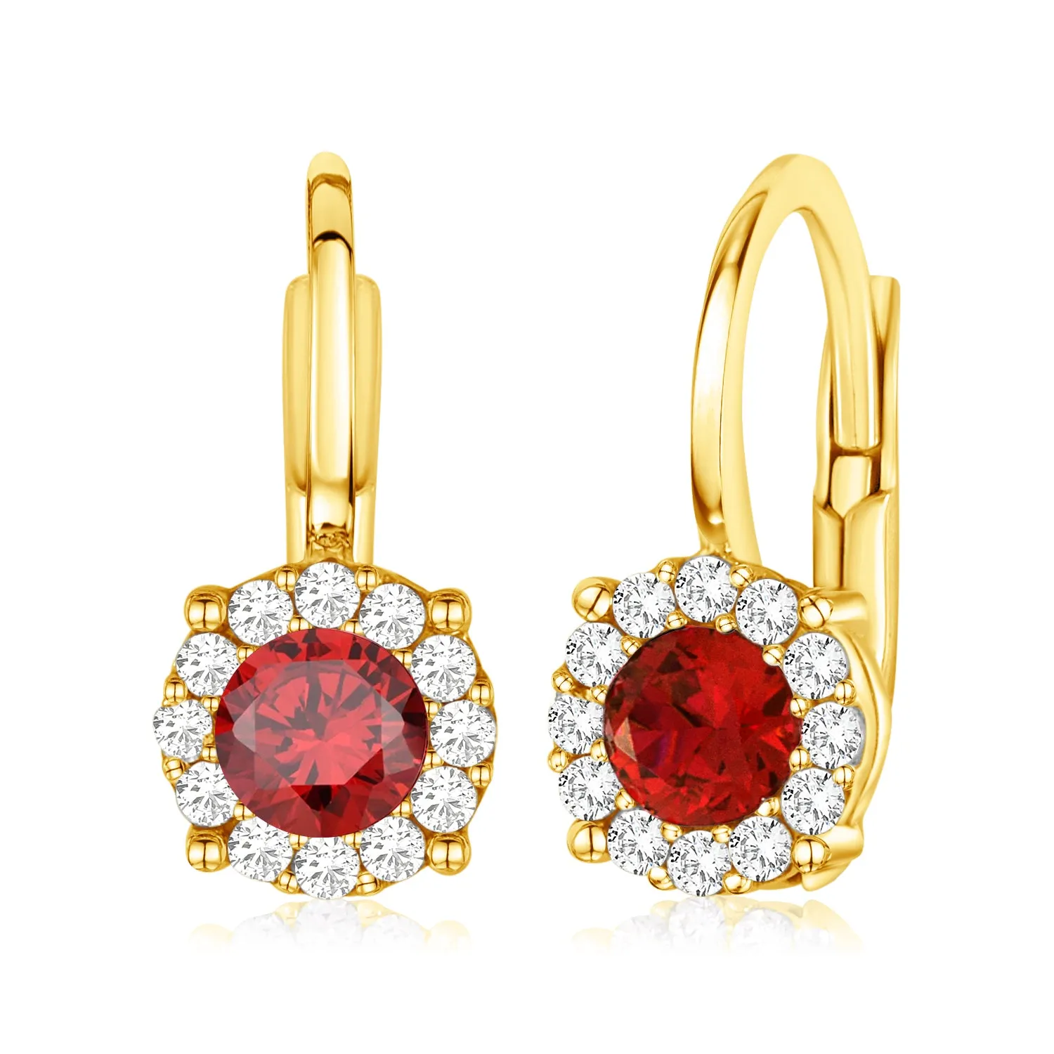 Halo Leverback Earrings in 14K Yellow and White Gold with Simulated Gemstone